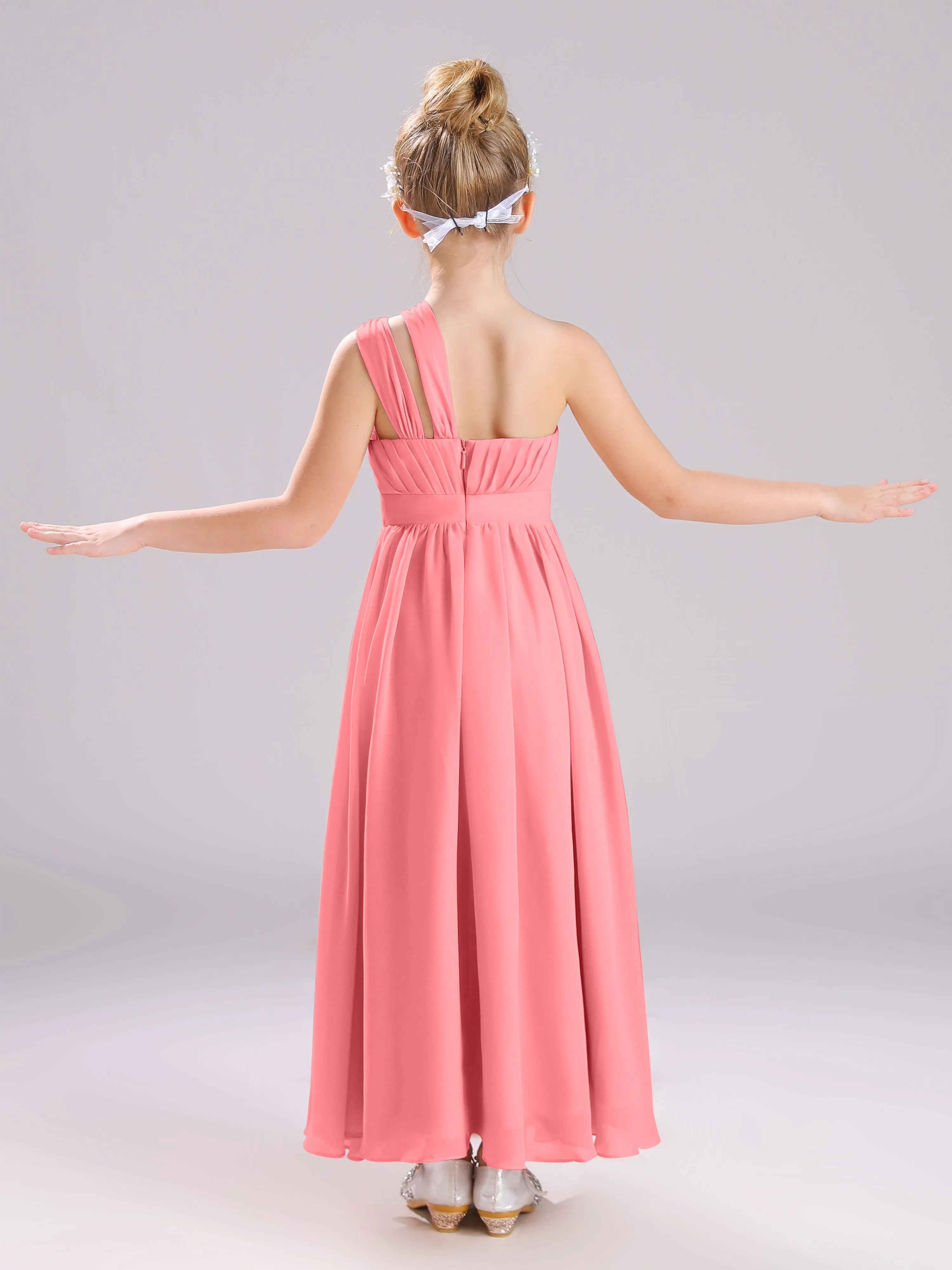 One Shoulder Pleats Long Chiffon Junior Bridesmaid Dresses