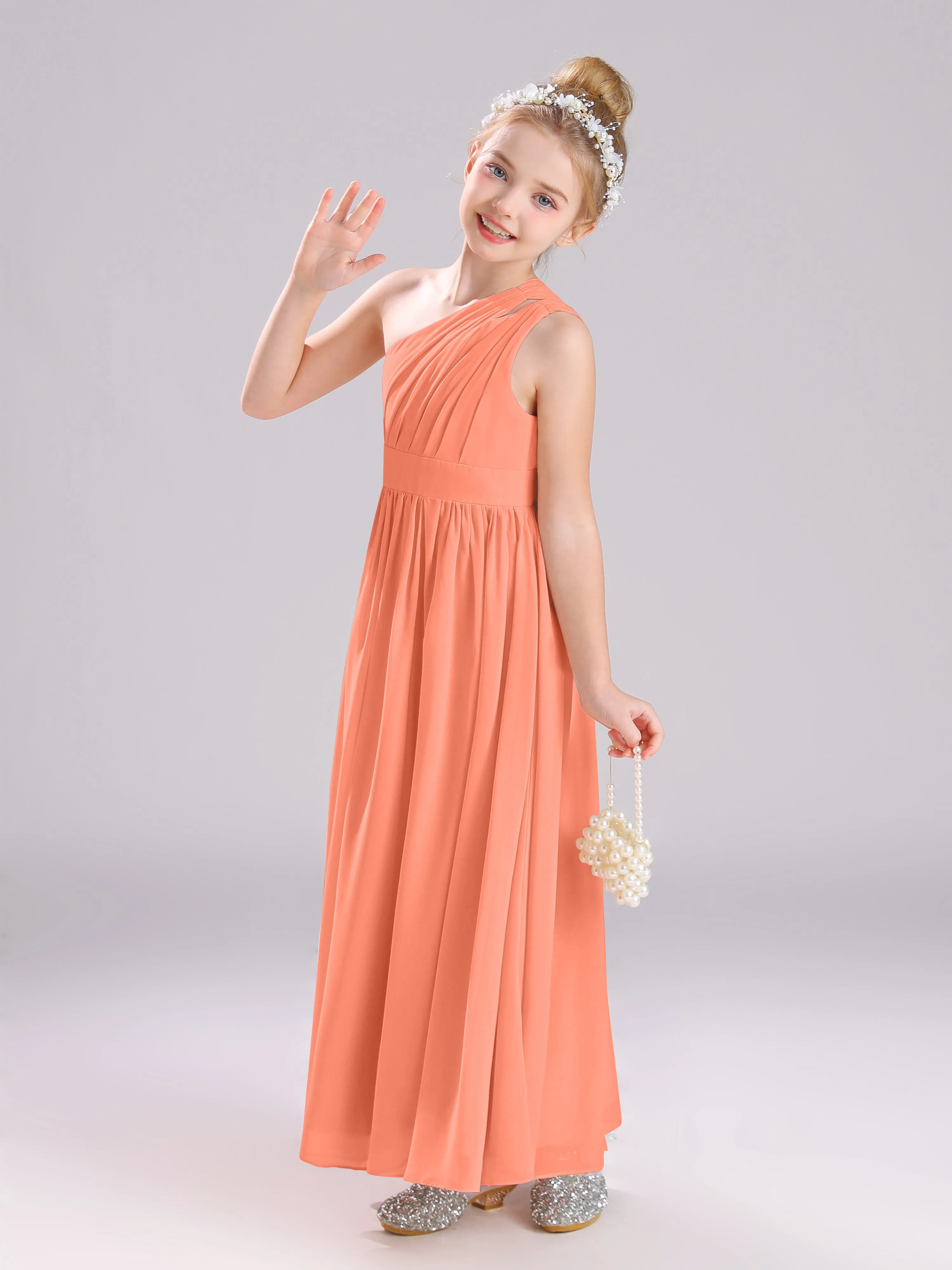 One Shoulder Pleats Long Chiffon Junior Bridesmaid Dresses