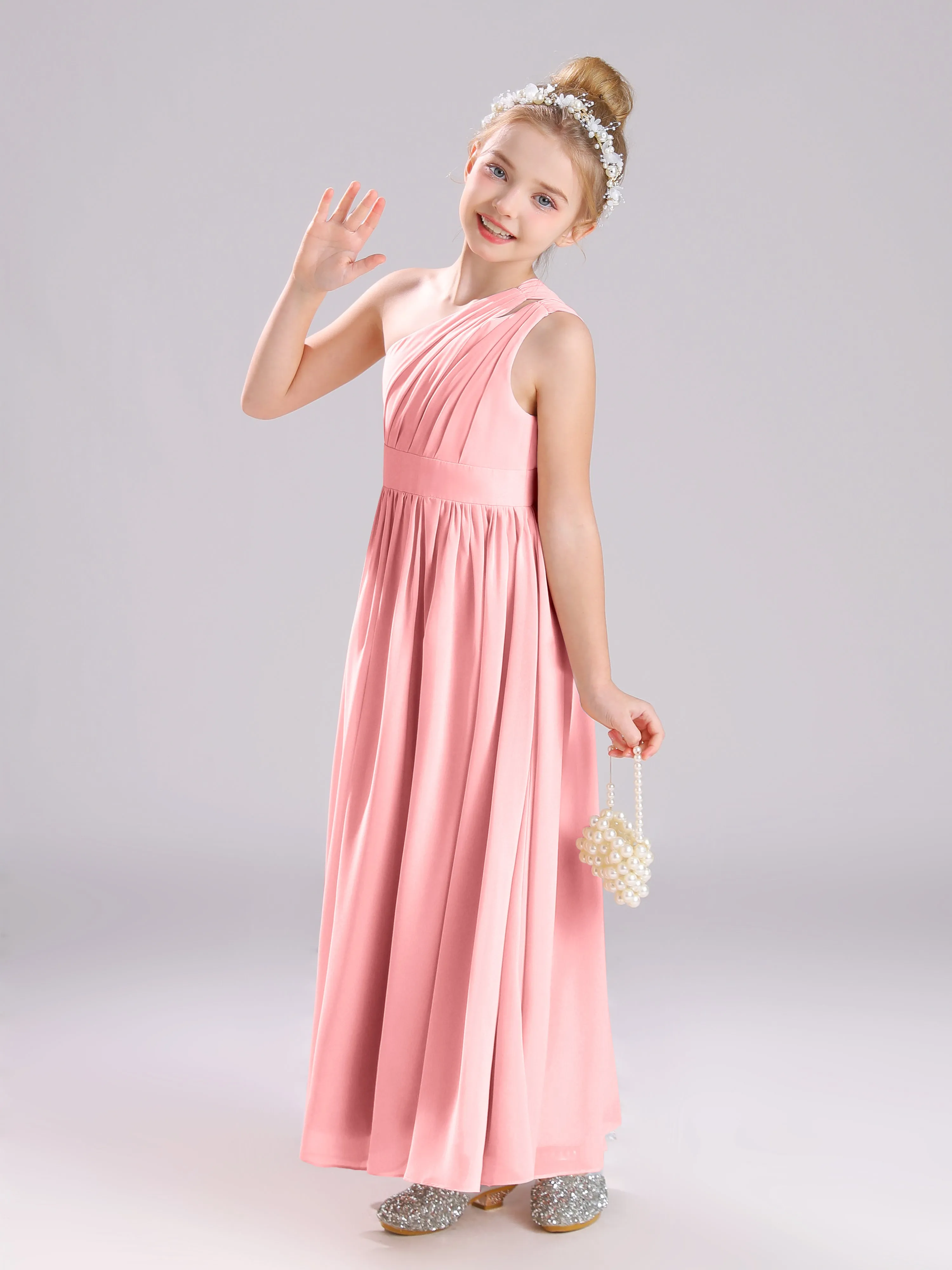 One Shoulder Pleats Long Chiffon Junior Bridesmaid Dresses