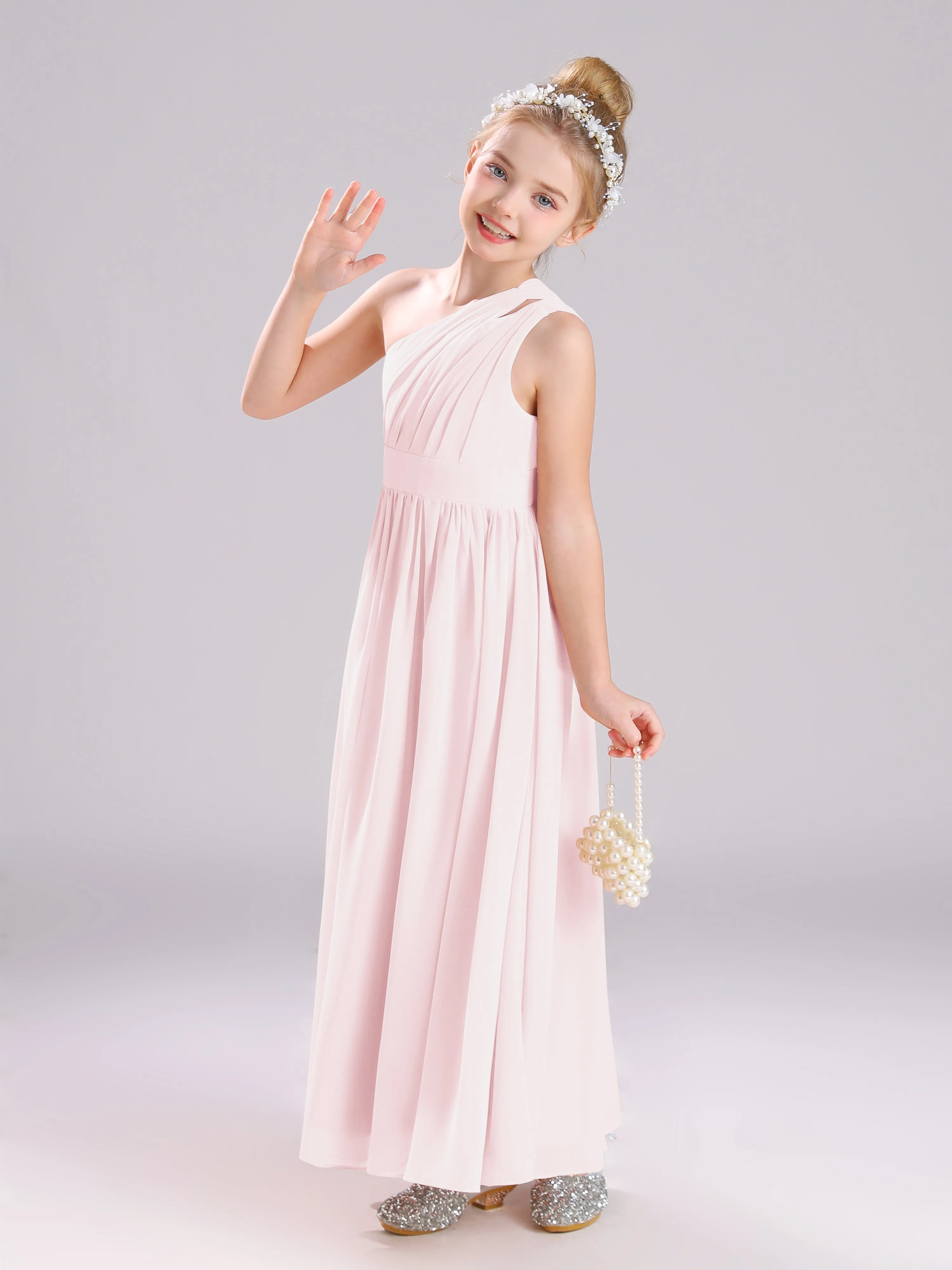 One Shoulder Pleats Long Chiffon Junior Bridesmaid Dresses