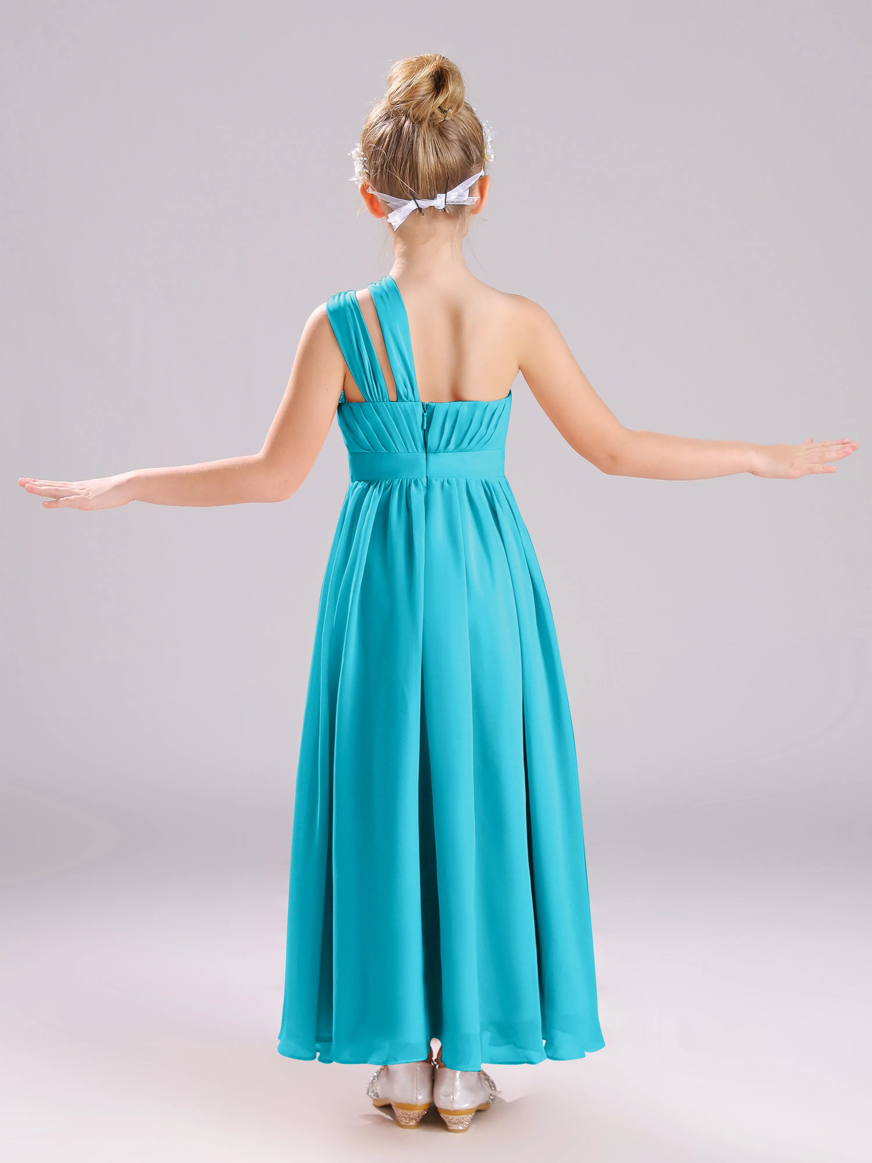 One Shoulder Pleats Long Chiffon Junior Bridesmaid Dresses