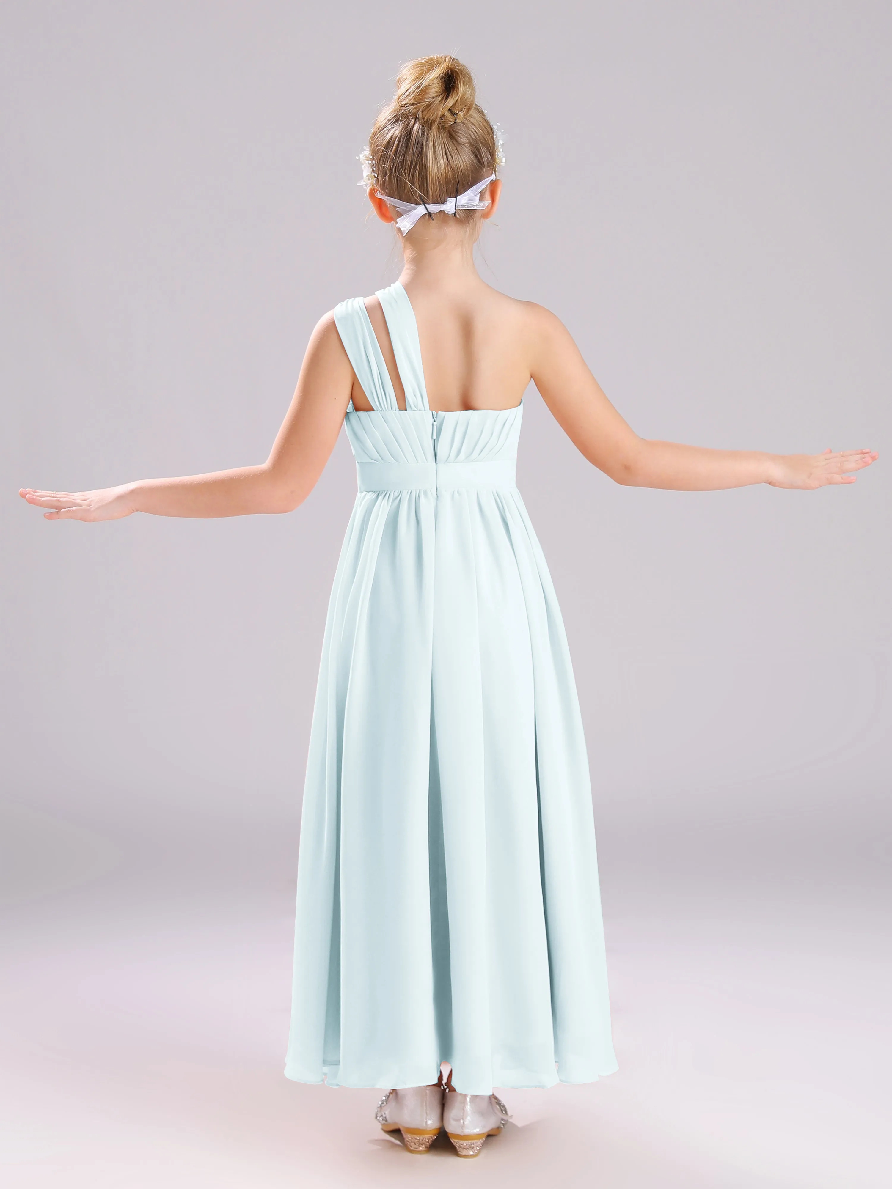 One Shoulder Pleats Long Chiffon Junior Bridesmaid Dresses