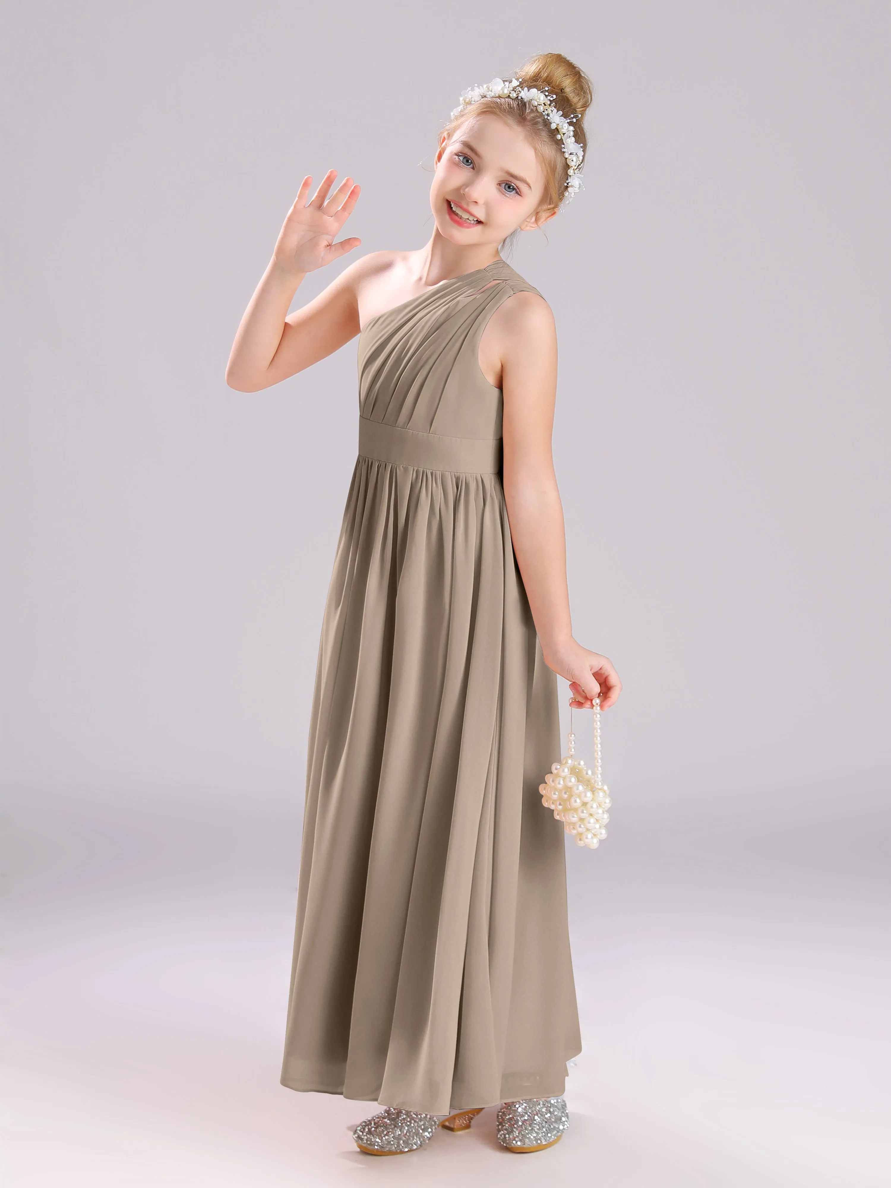 One Shoulder Pleats Long Chiffon Junior Bridesmaid Dresses