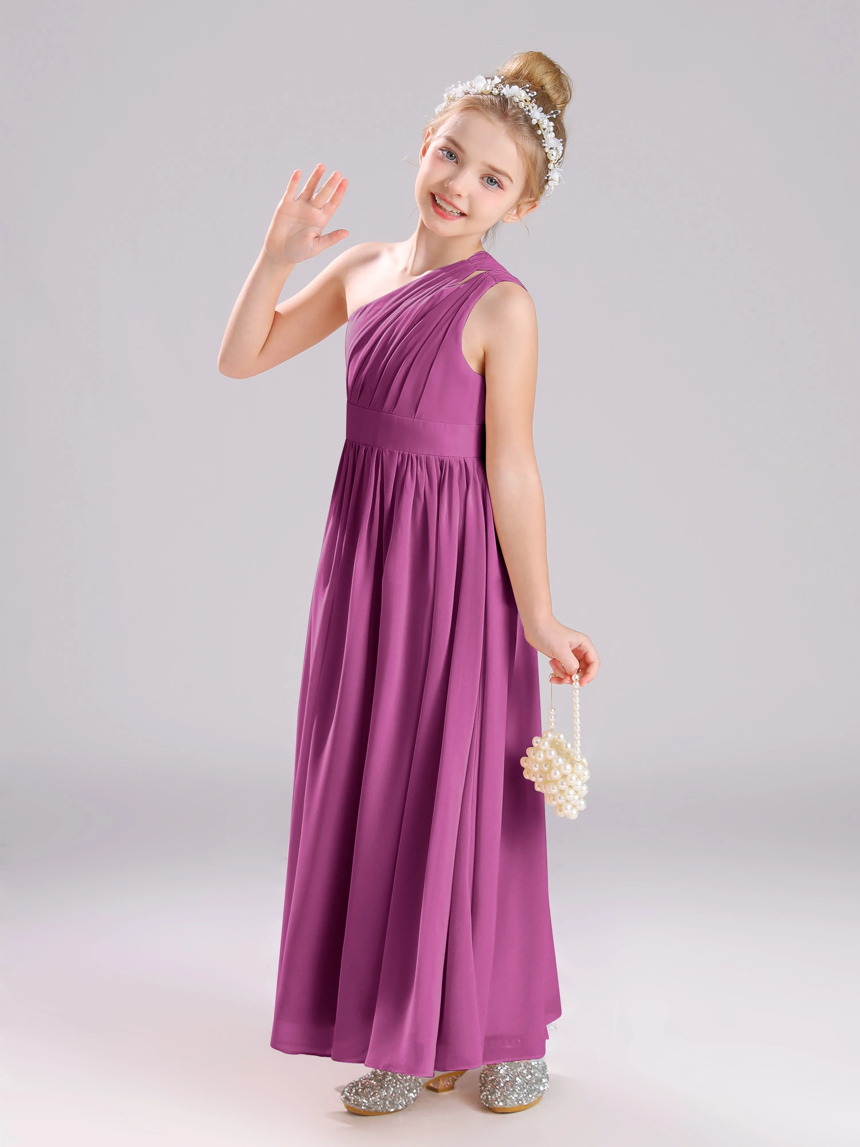 One Shoulder Pleats Long Chiffon Junior Bridesmaid Dresses