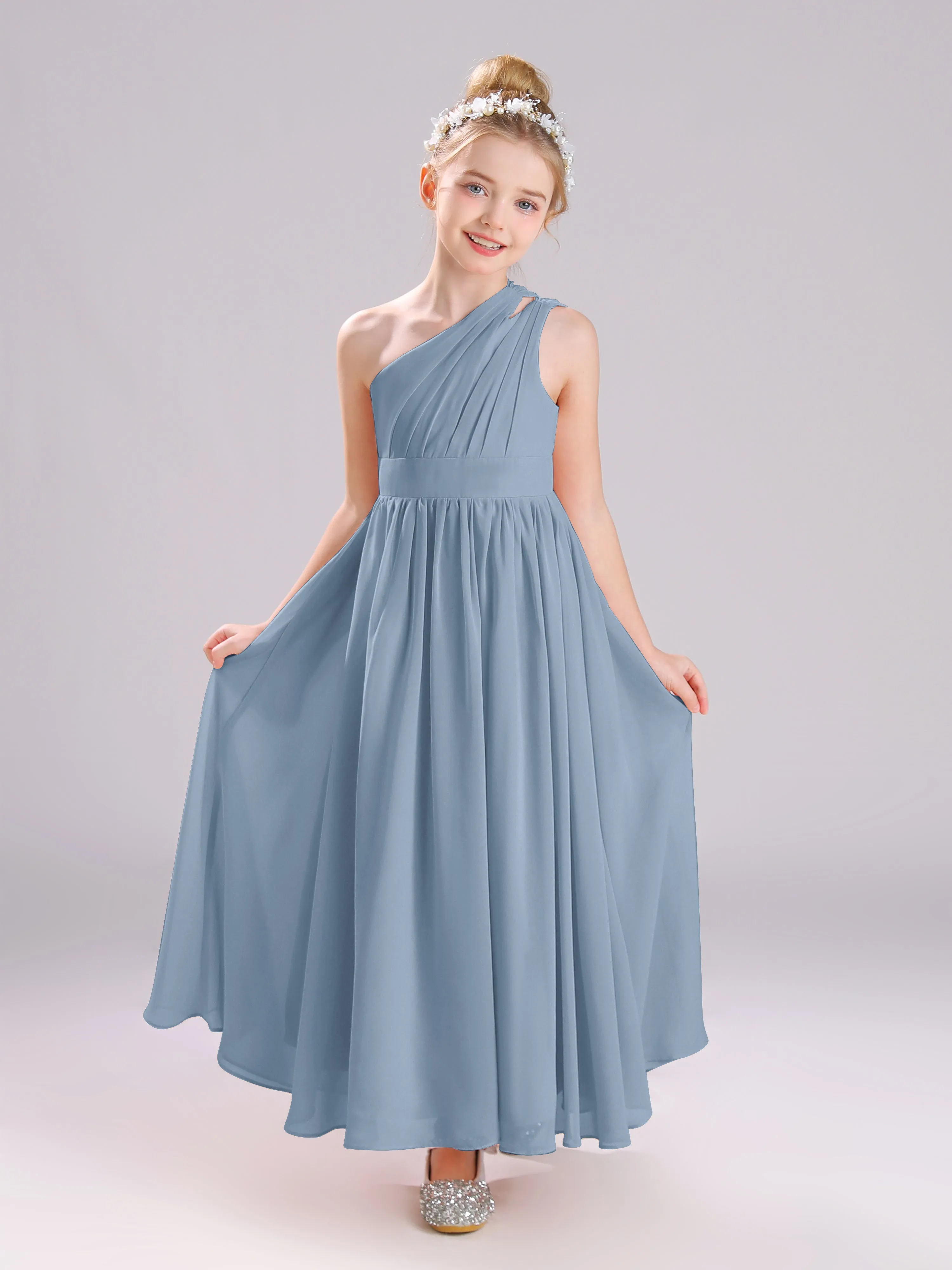 One Shoulder Pleats Long Chiffon Junior Bridesmaid Dresses