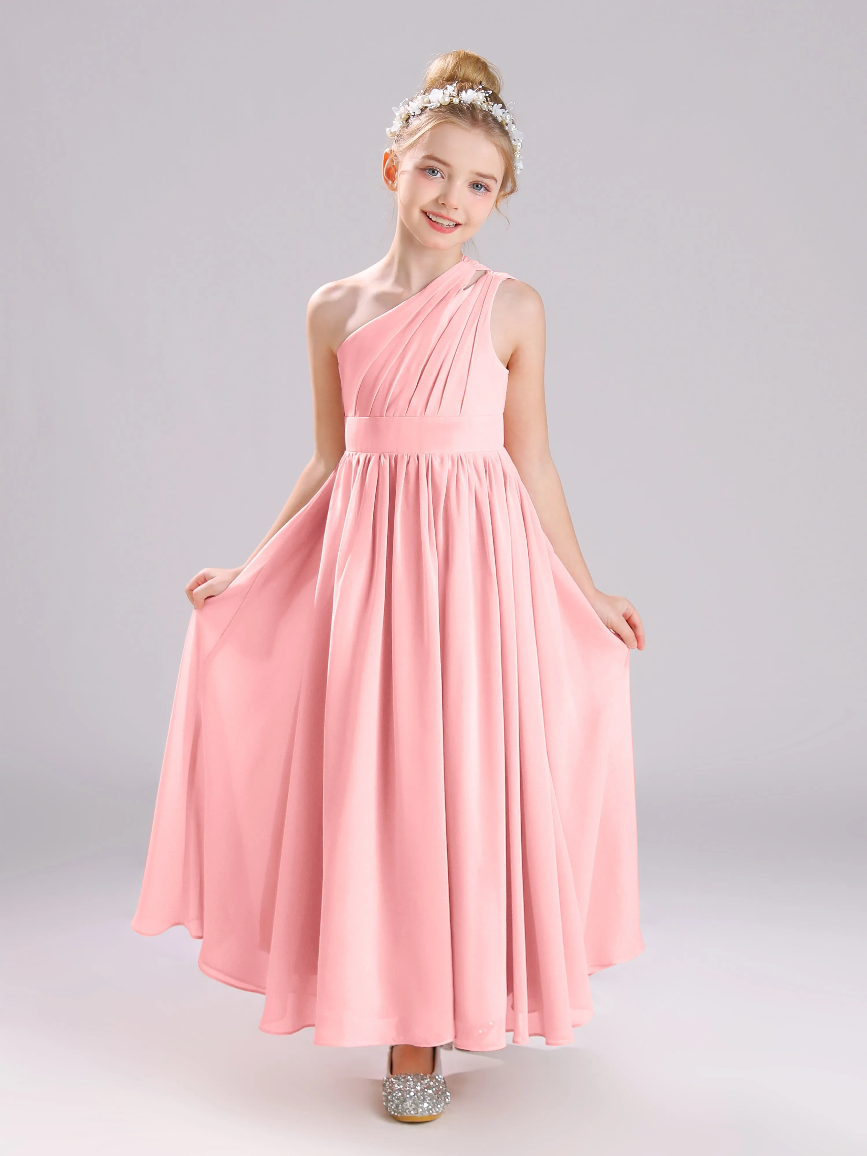 One Shoulder Pleats Long Chiffon Junior Bridesmaid Dresses