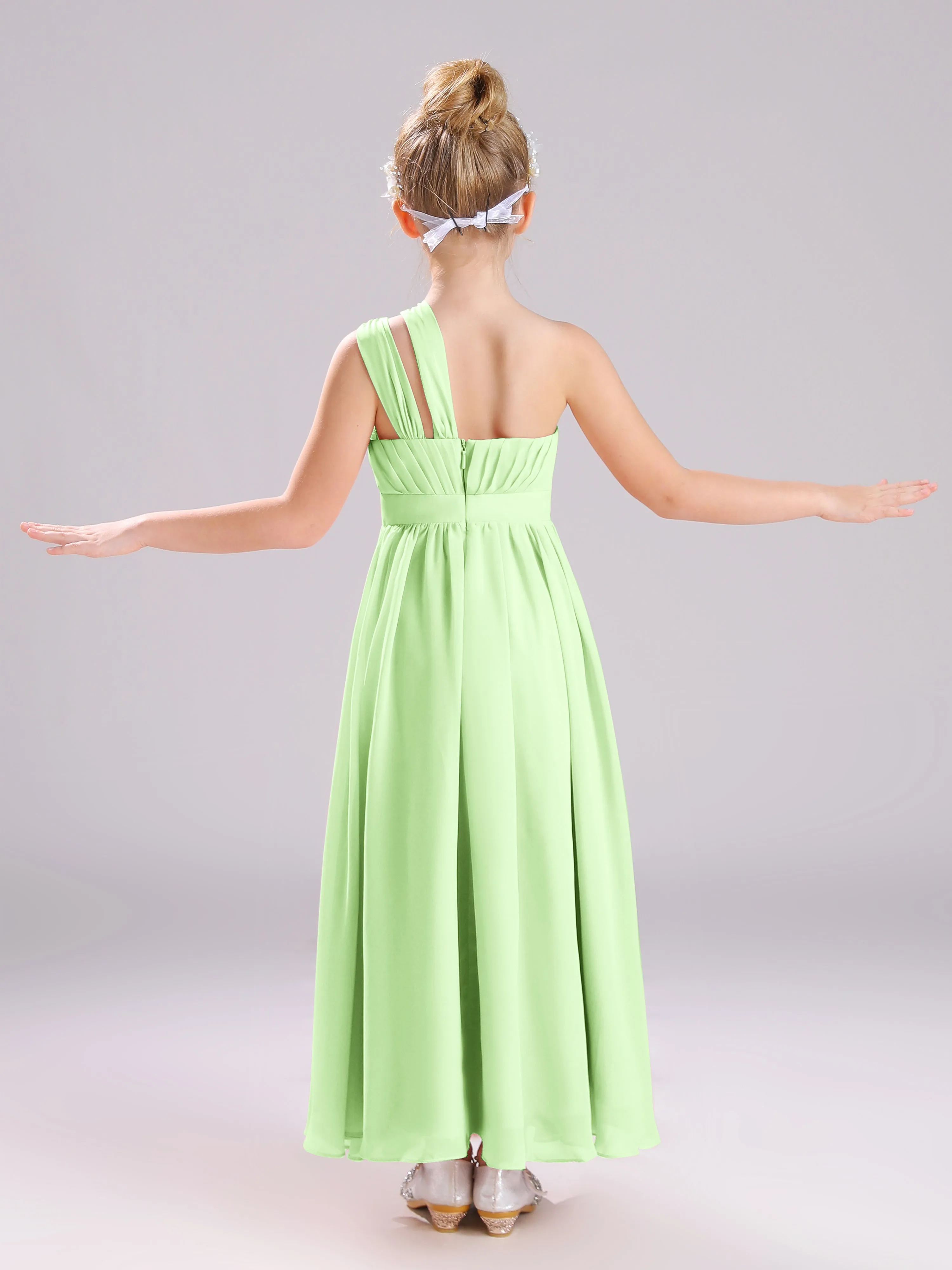 One Shoulder Pleats Long Chiffon Junior Bridesmaid Dresses