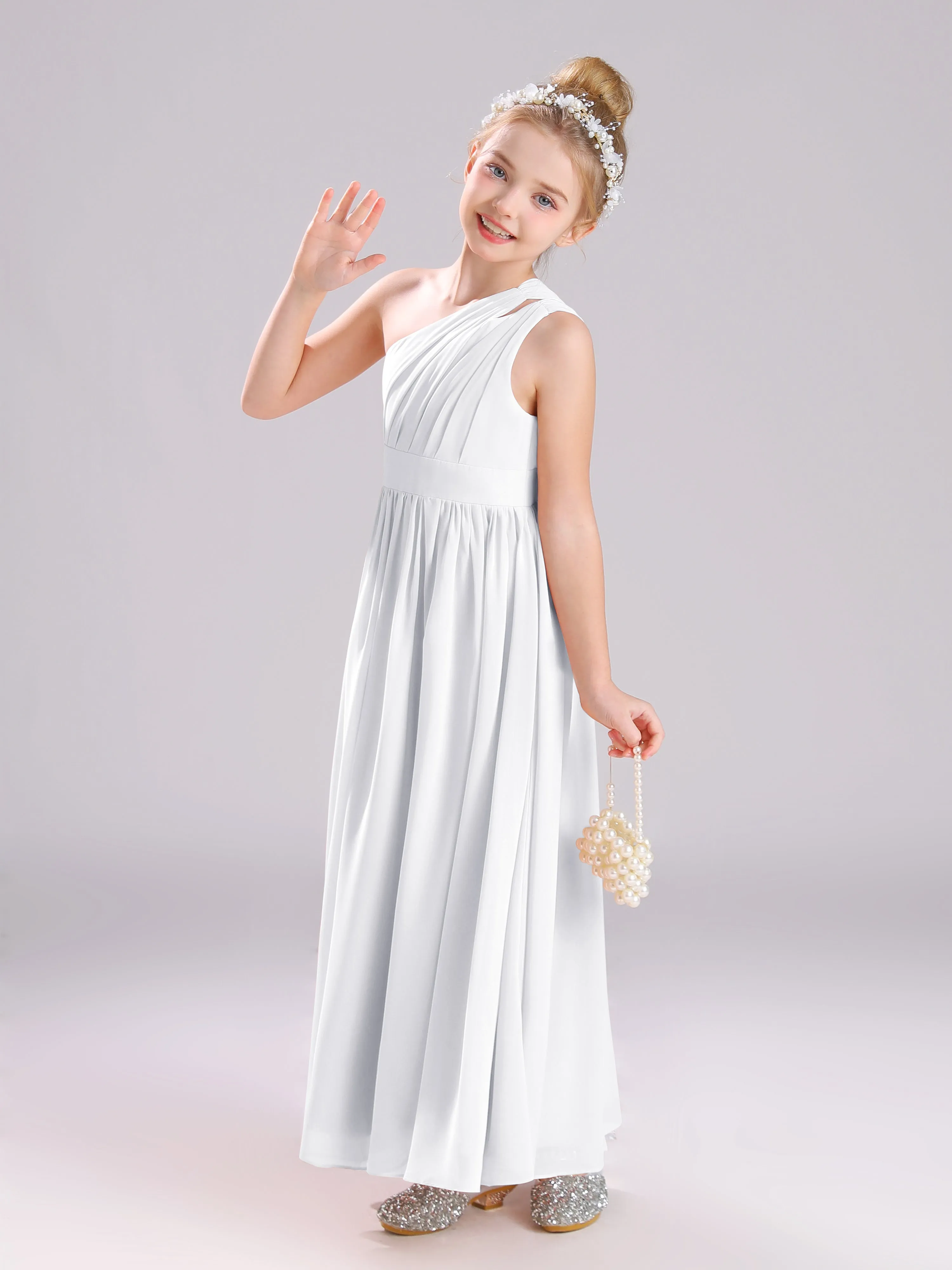 One Shoulder Pleats Long Chiffon Junior Bridesmaid Dresses