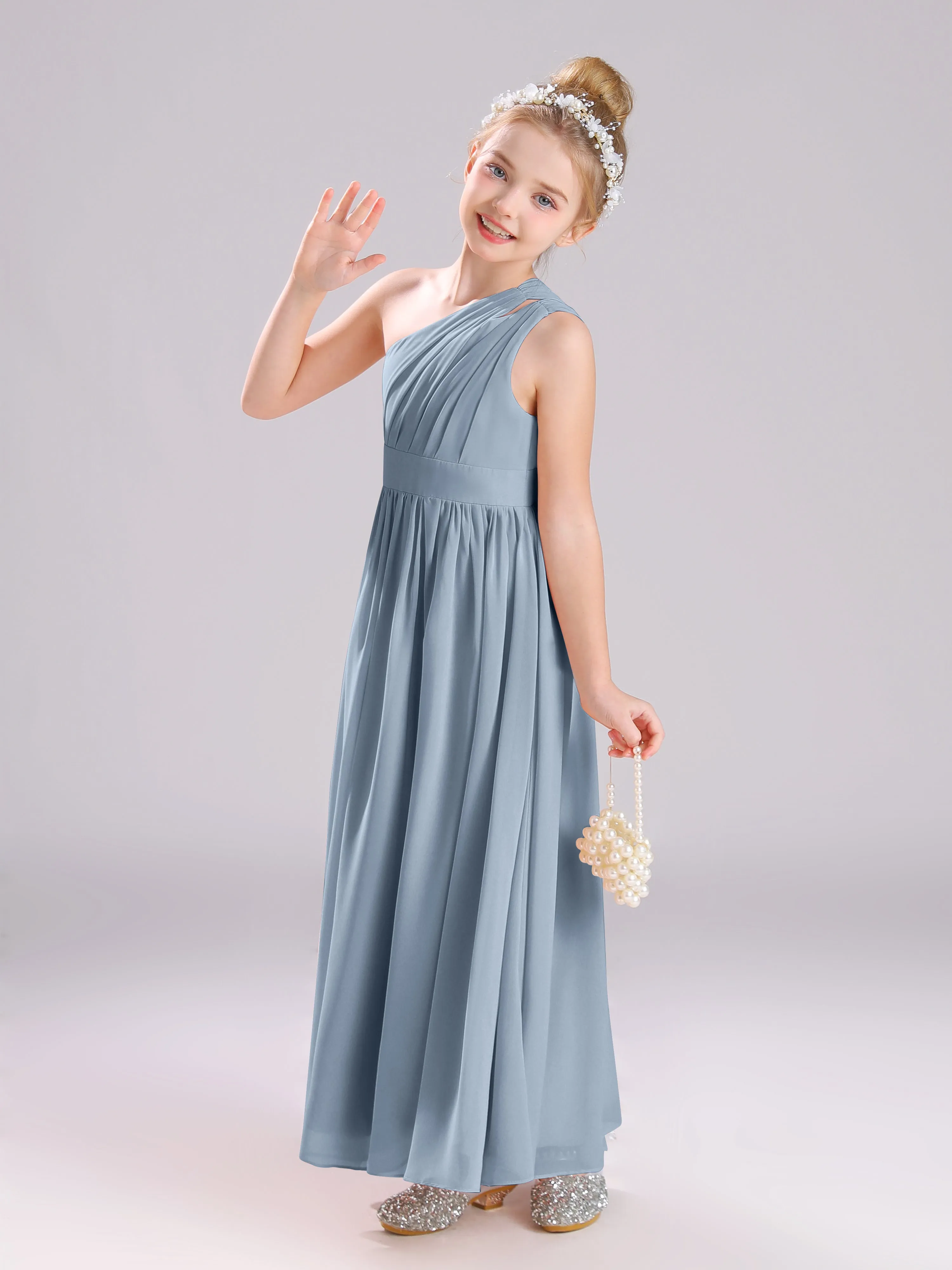 One Shoulder Pleats Long Chiffon Junior Bridesmaid Dresses