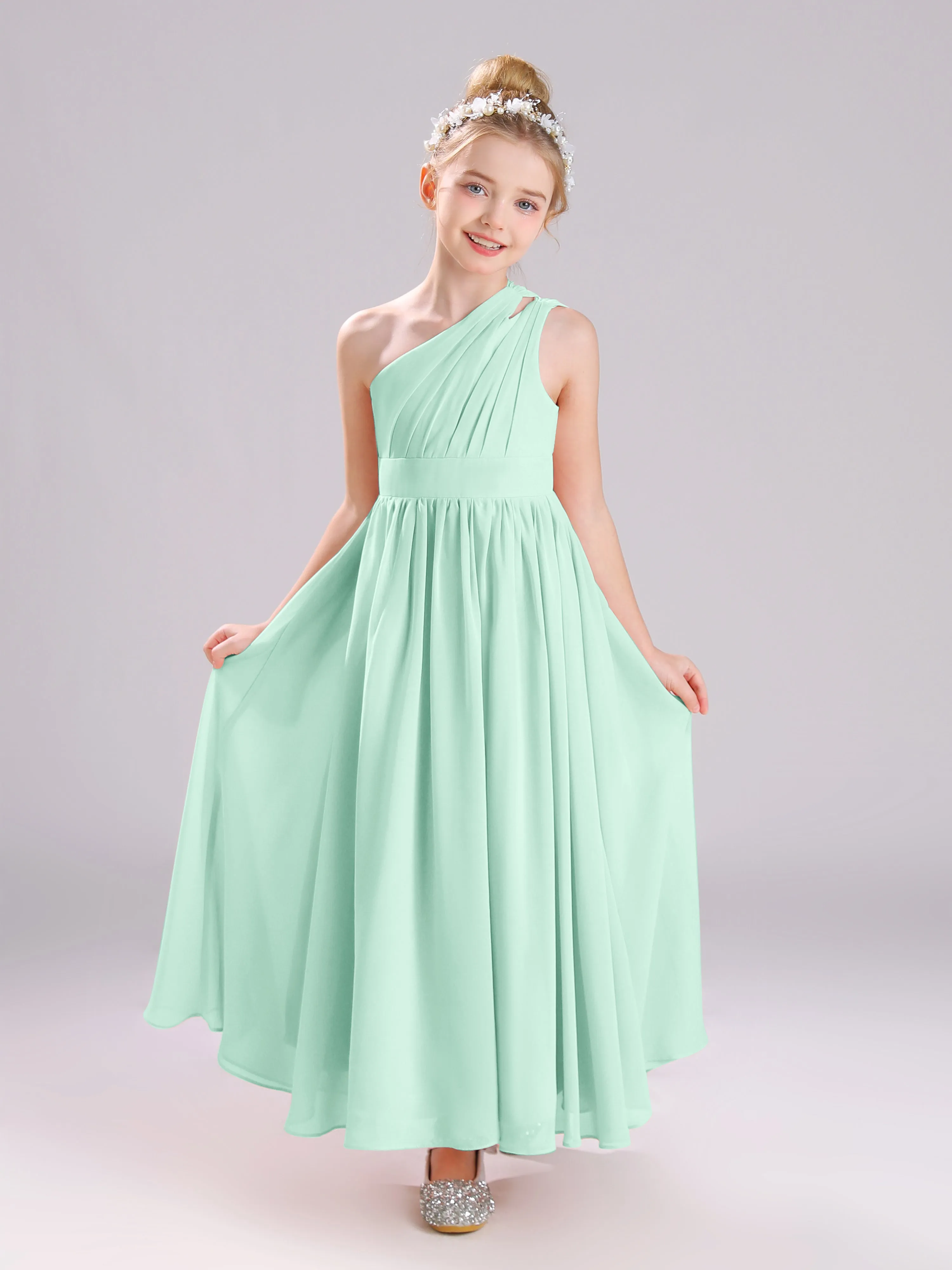 One Shoulder Pleats Long Chiffon Junior Bridesmaid Dresses