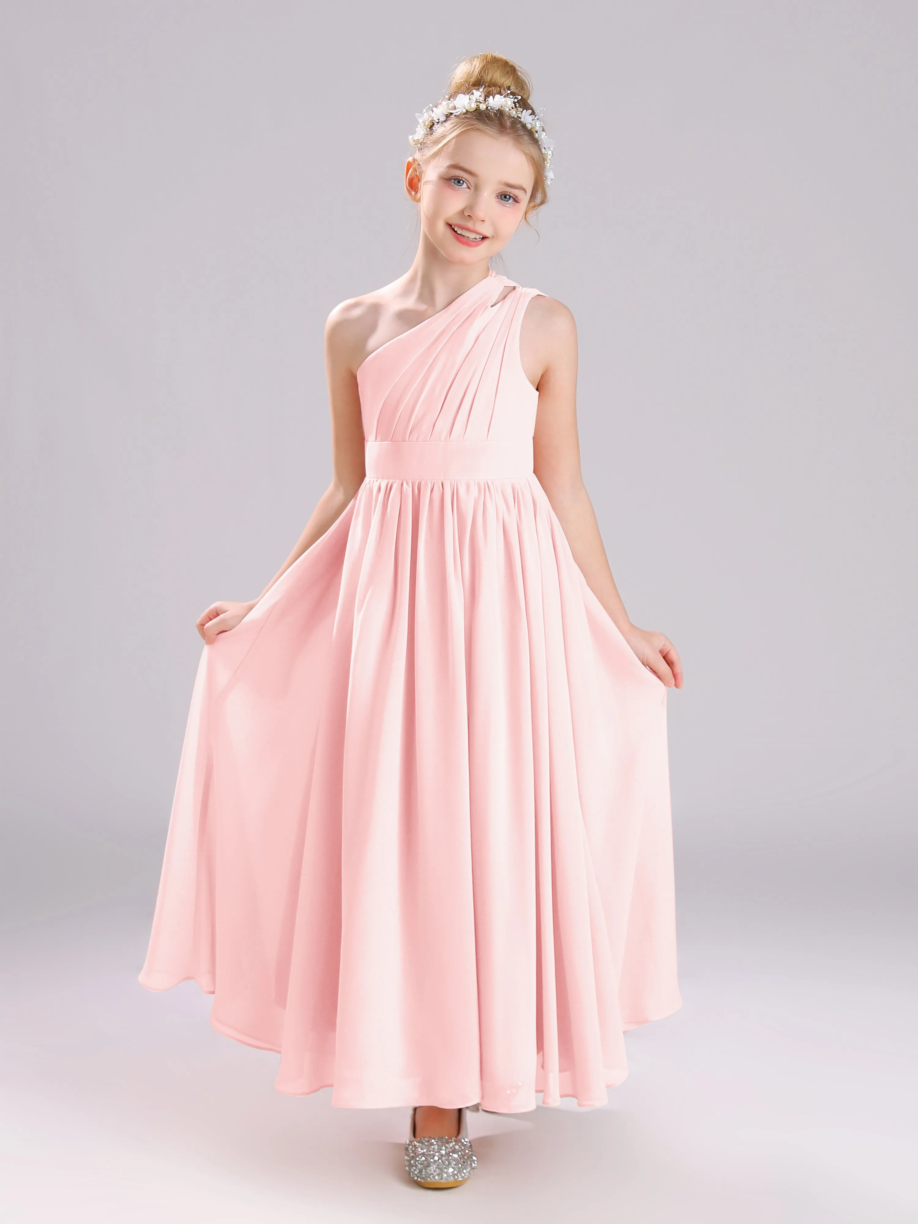 One Shoulder Pleats Long Chiffon Junior Bridesmaid Dresses