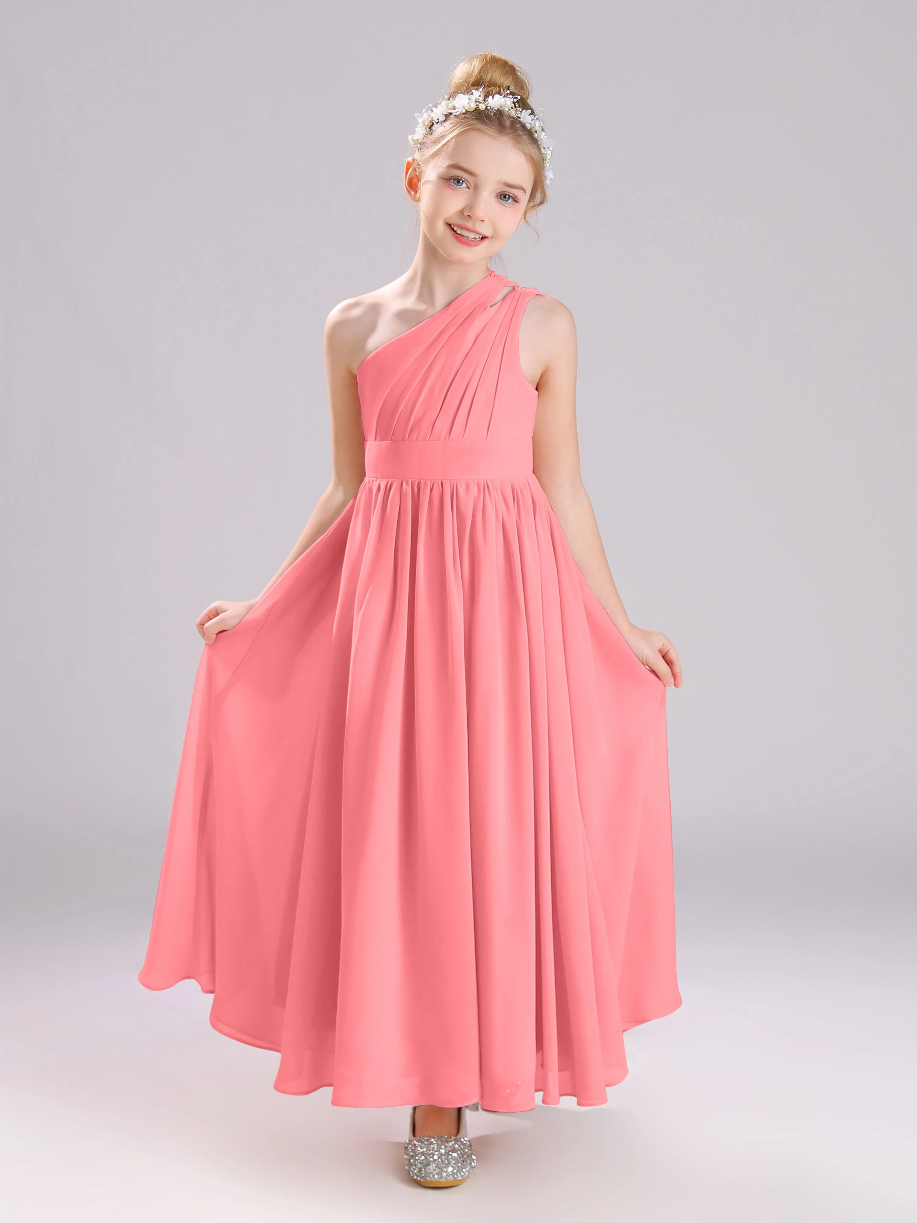 One Shoulder Pleats Long Chiffon Junior Bridesmaid Dresses