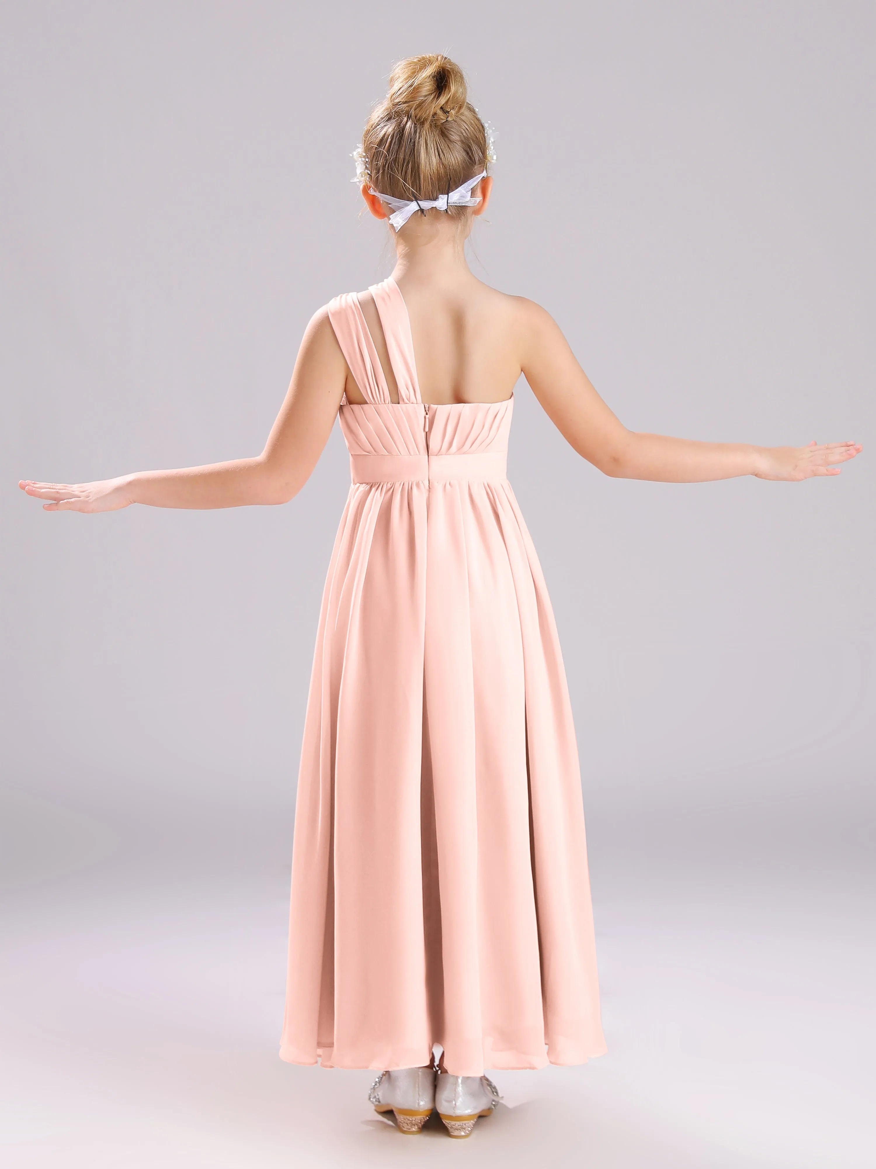 One Shoulder Pleats Long Chiffon Junior Bridesmaid Dresses