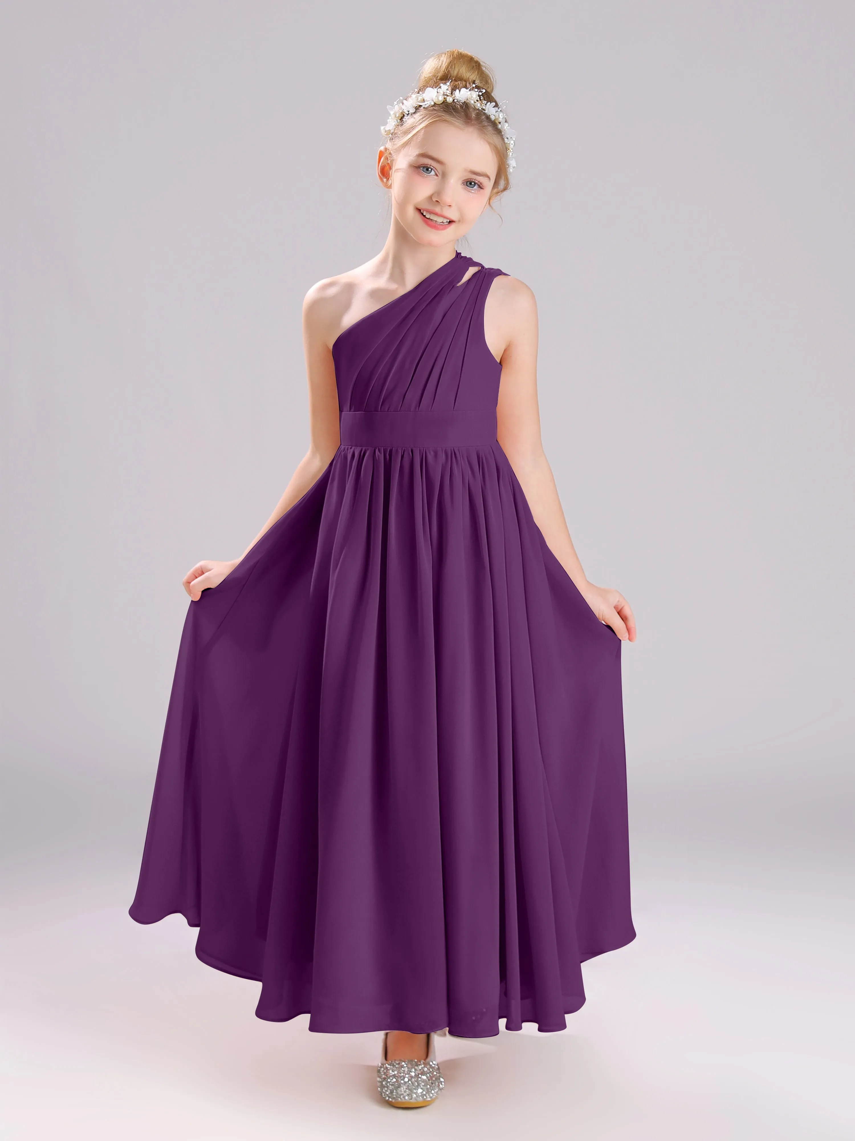 One Shoulder Pleats Long Chiffon Junior Bridesmaid Dresses