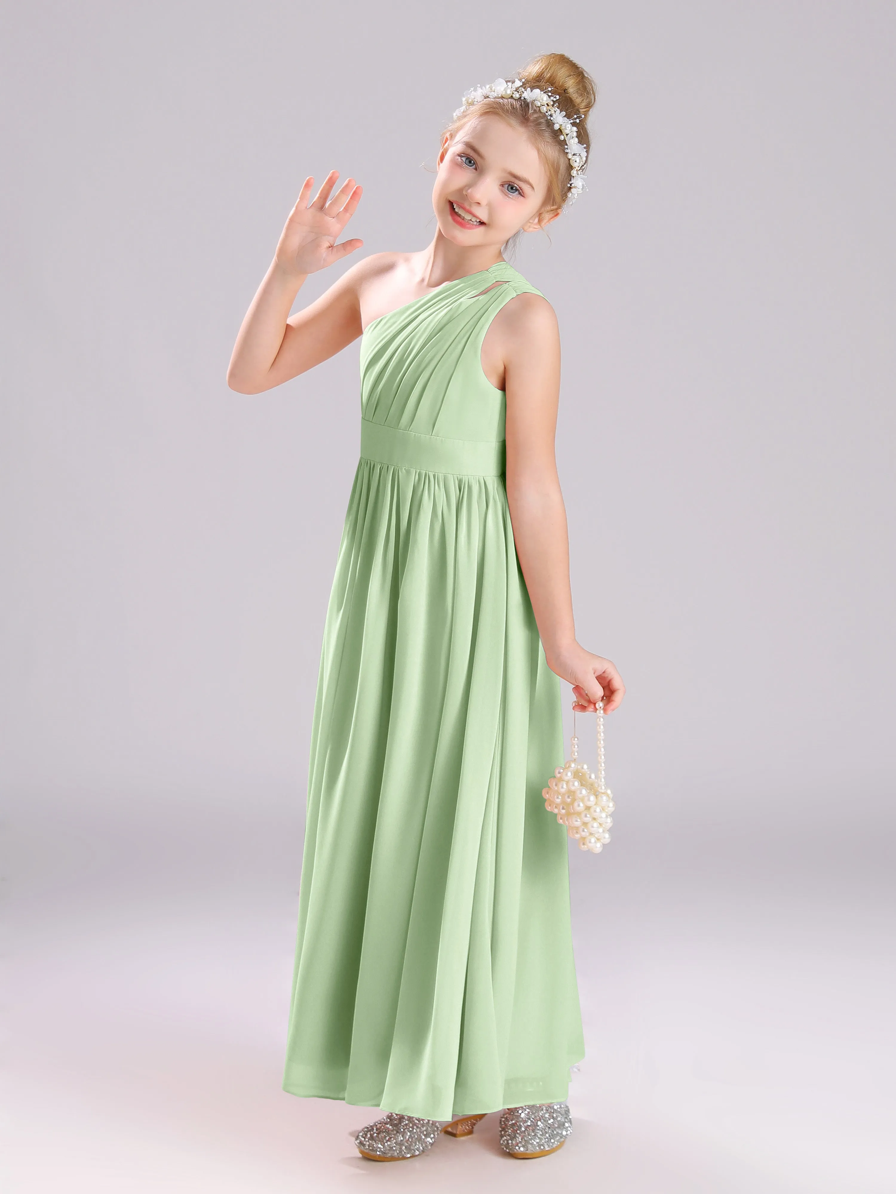 One Shoulder Pleats Long Chiffon Junior Bridesmaid Dresses