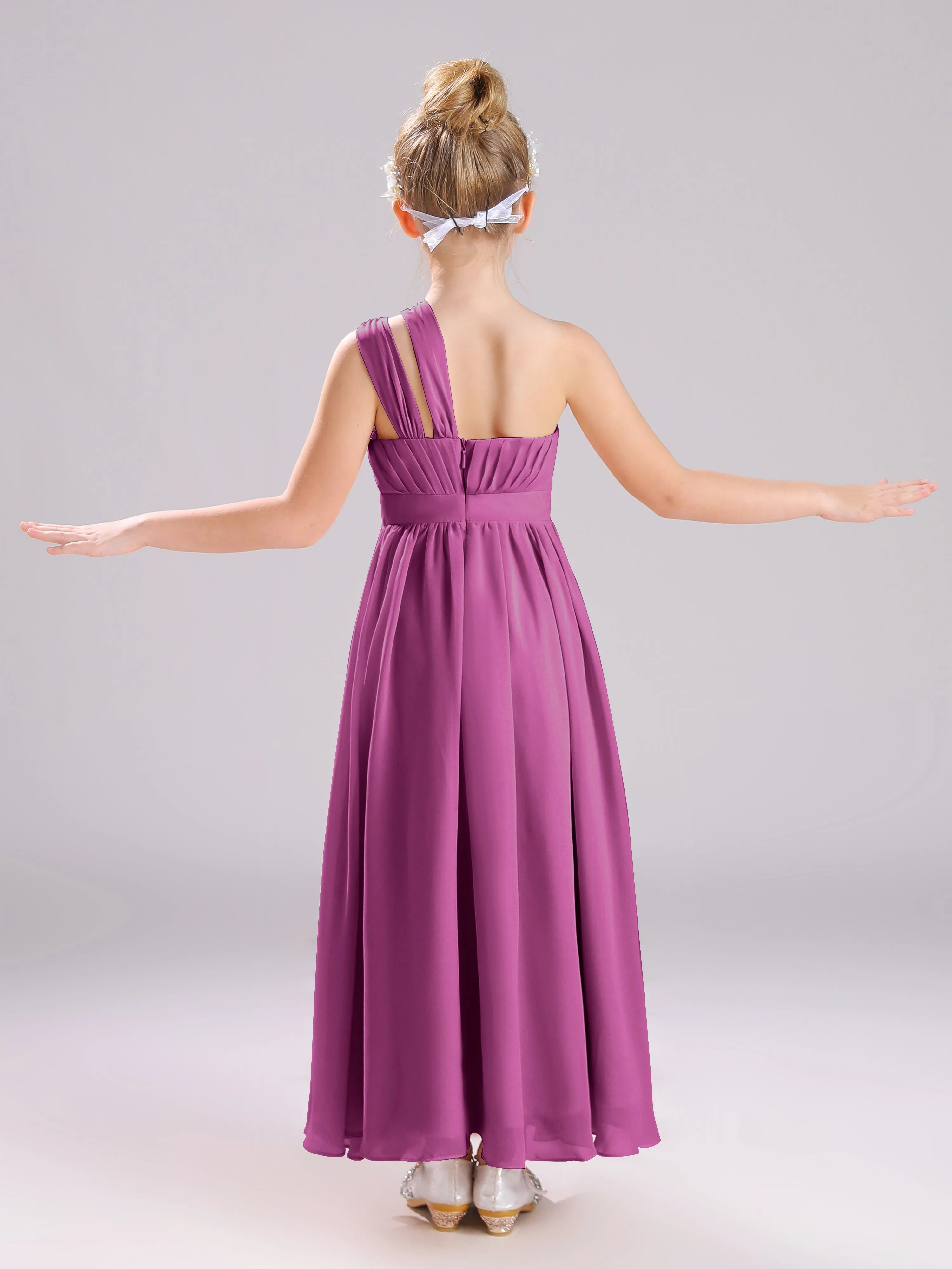 One Shoulder Pleats Long Chiffon Junior Bridesmaid Dresses