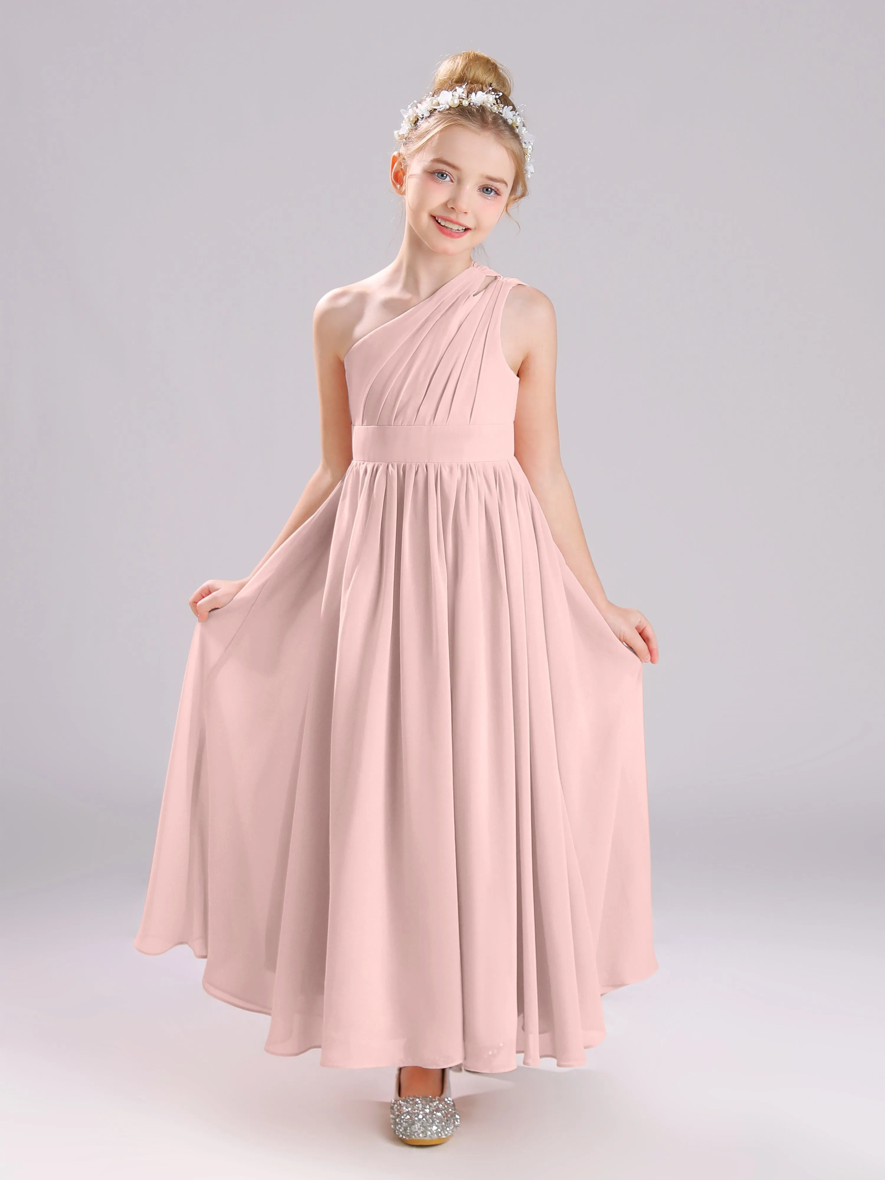 One Shoulder Pleats Long Chiffon Junior Bridesmaid Dresses