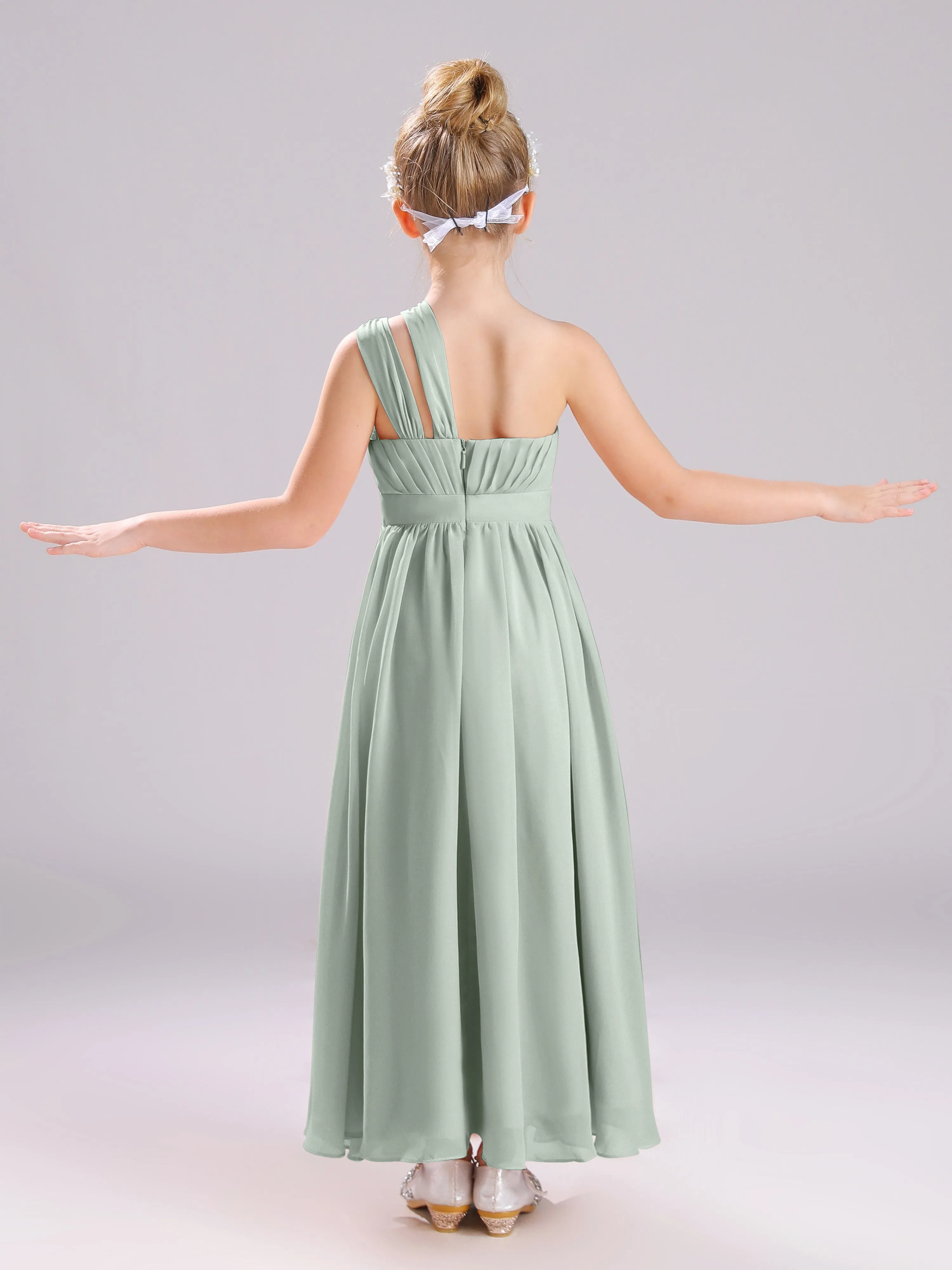 One Shoulder Pleats Long Chiffon Junior Bridesmaid Dresses