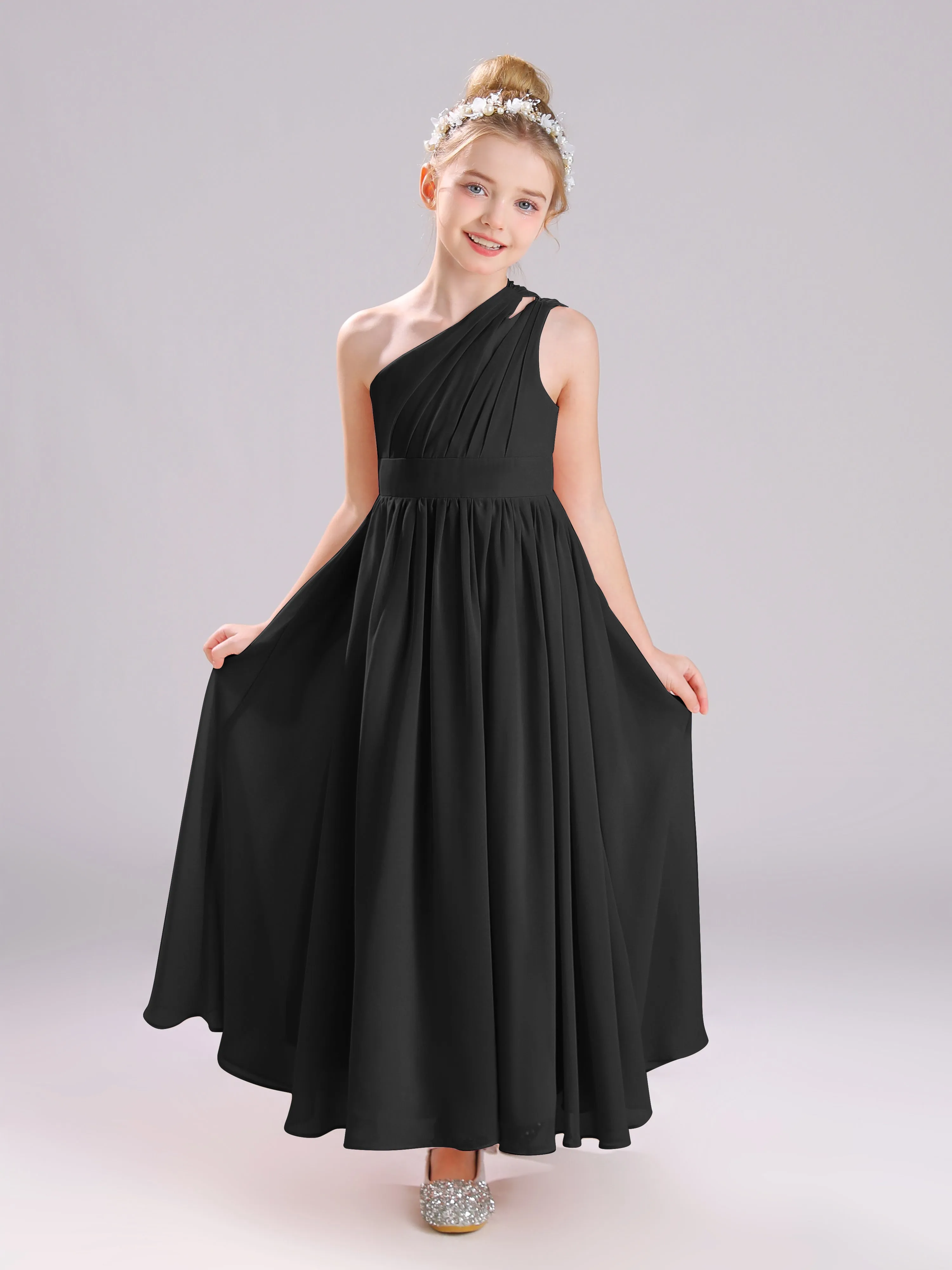 One Shoulder Pleats Long Chiffon Junior Bridesmaid Dresses