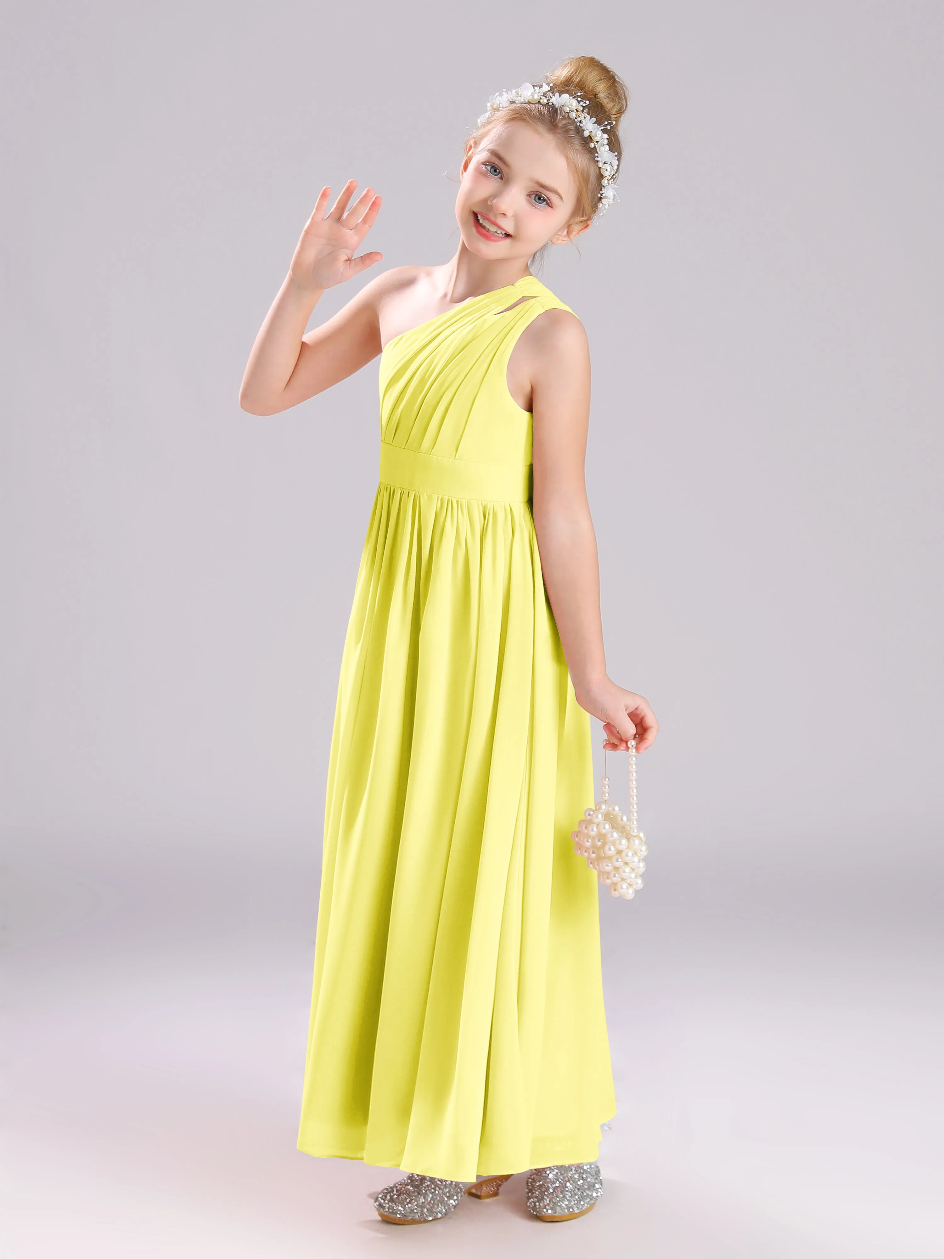 One Shoulder Pleats Long Chiffon Junior Bridesmaid Dresses