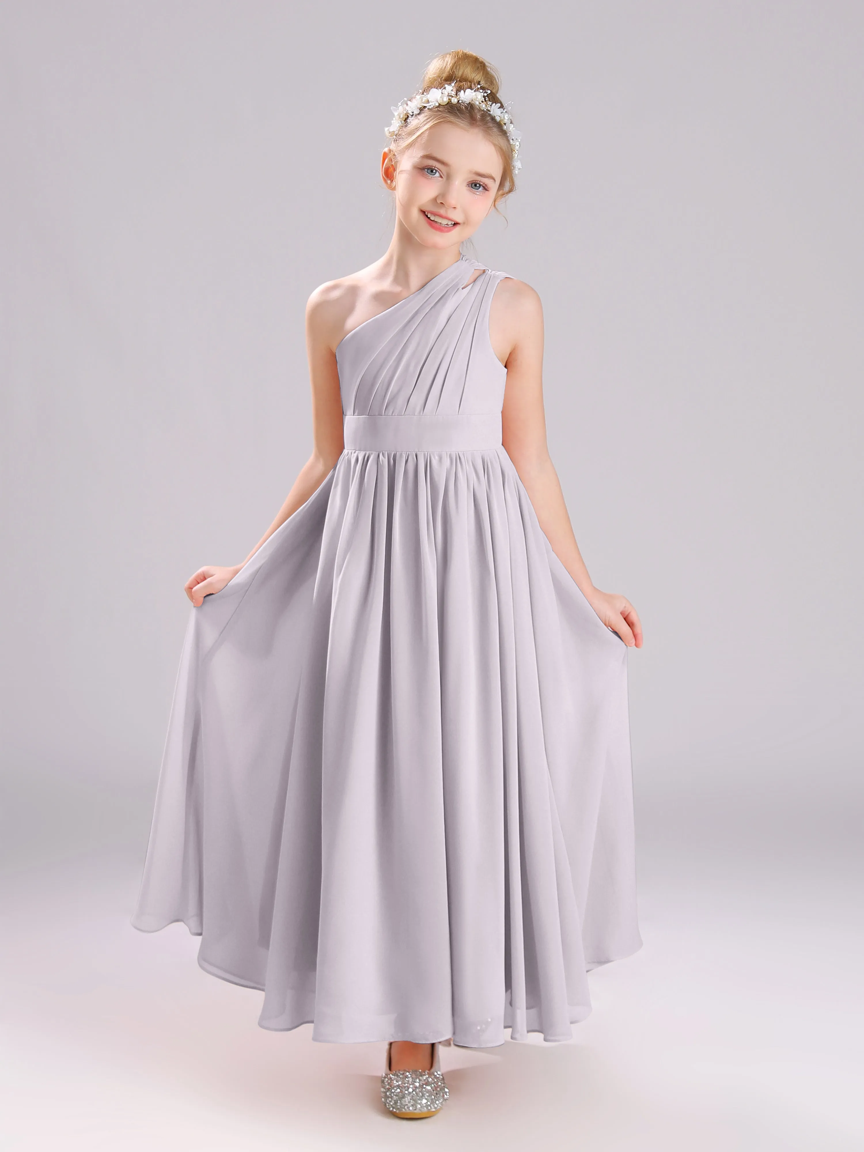 One Shoulder Pleats Long Chiffon Junior Bridesmaid Dresses