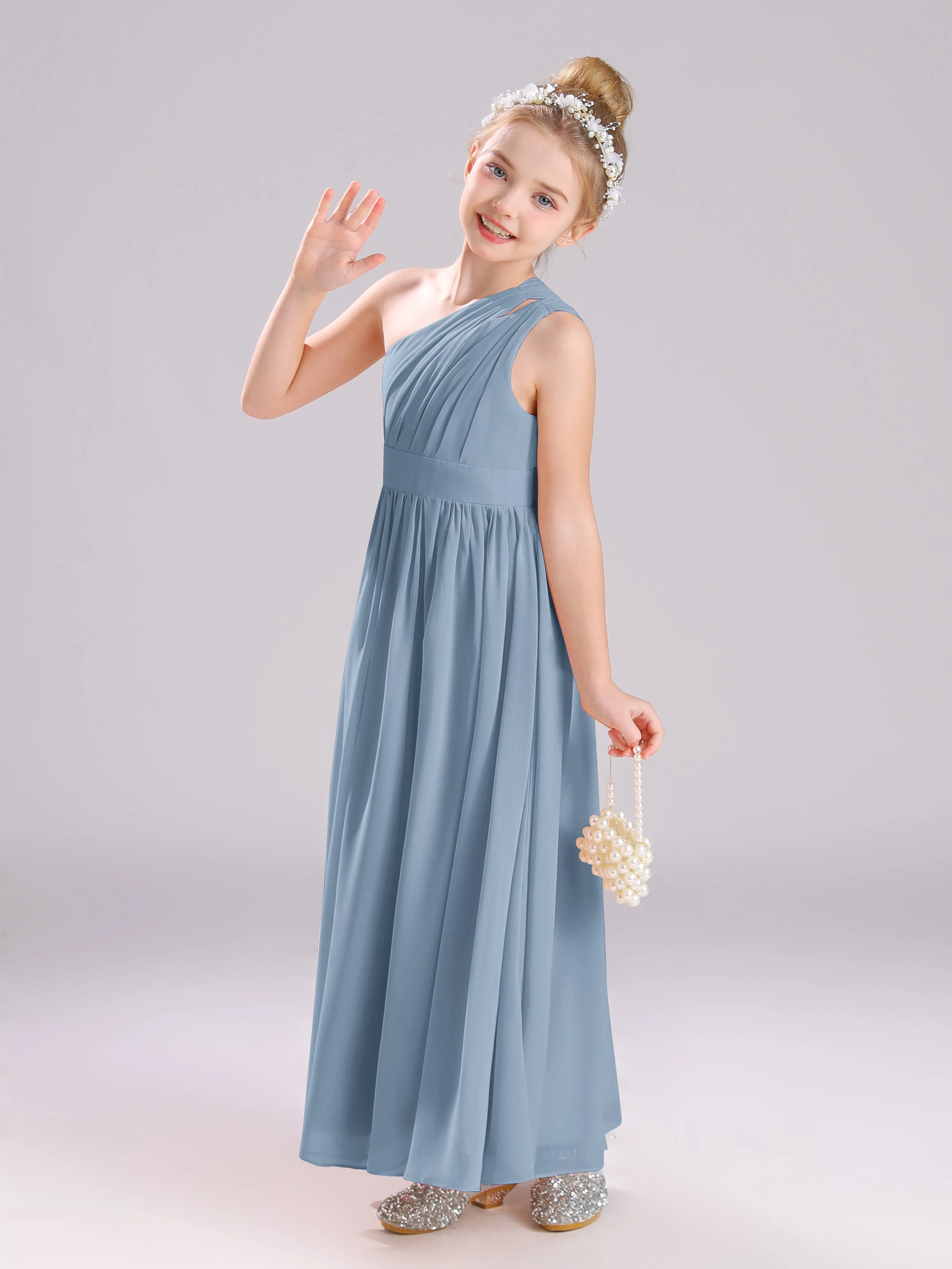 One Shoulder Pleats Long Chiffon Junior Bridesmaid Dresses