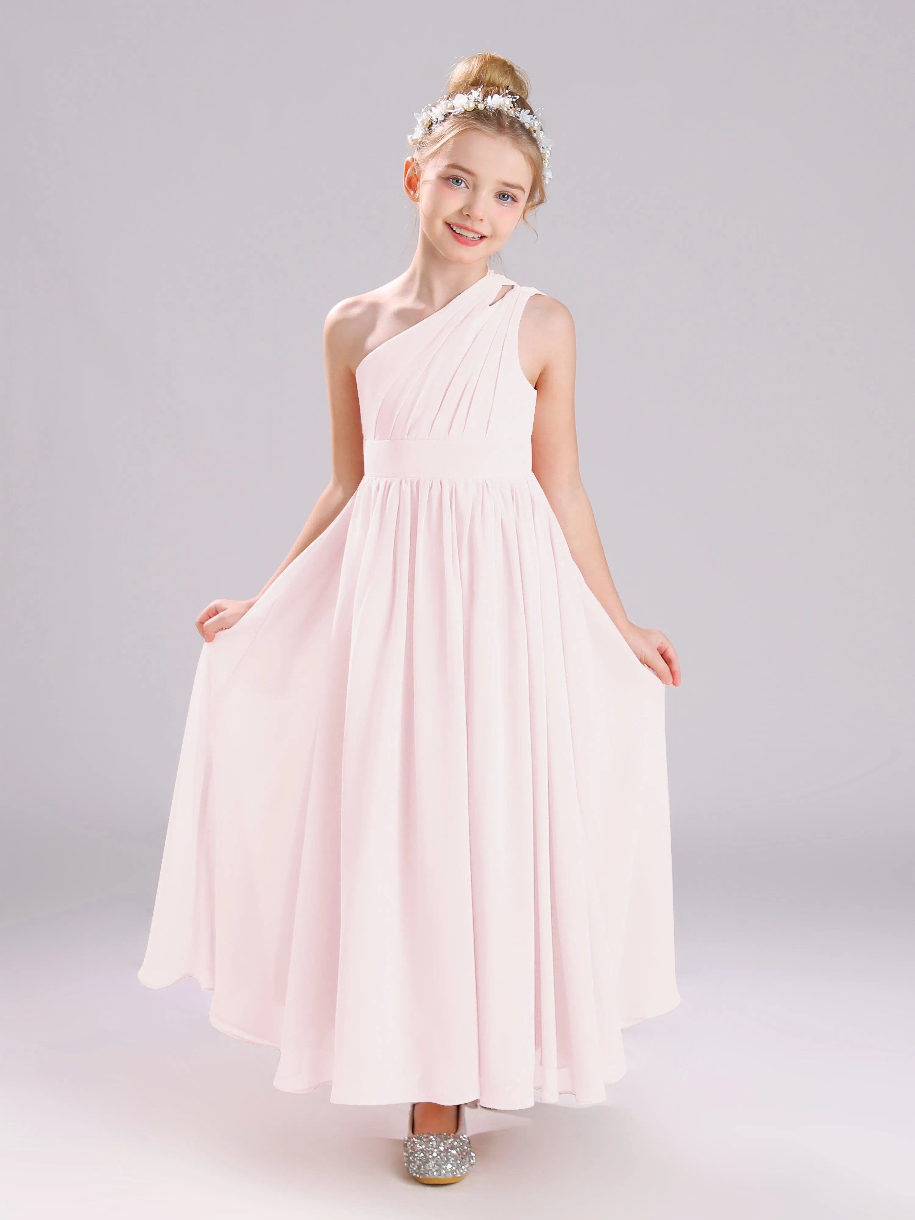 One Shoulder Pleats Long Chiffon Junior Bridesmaid Dresses