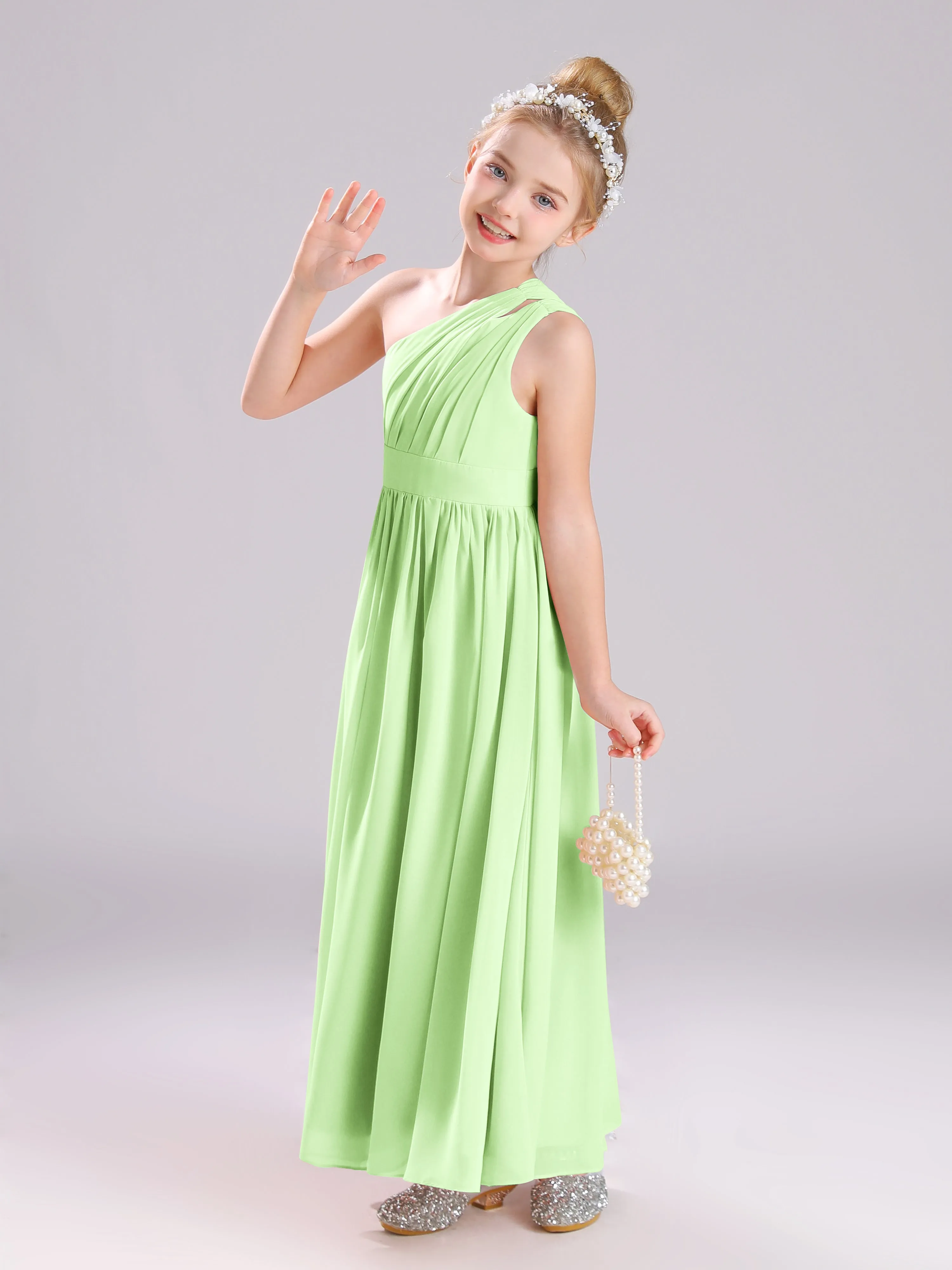 One Shoulder Pleats Long Chiffon Junior Bridesmaid Dresses