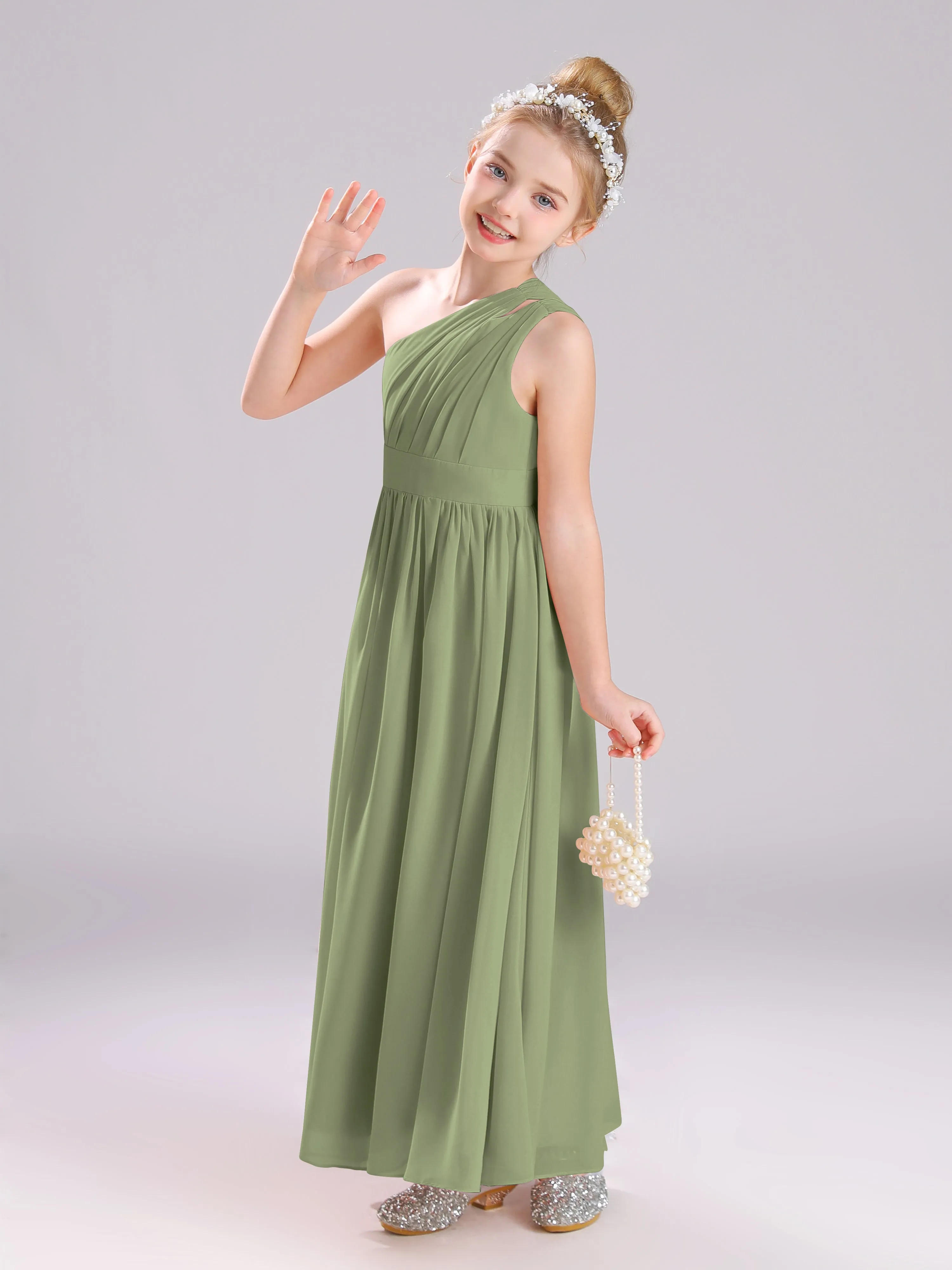 One Shoulder Pleats Long Chiffon Junior Bridesmaid Dresses