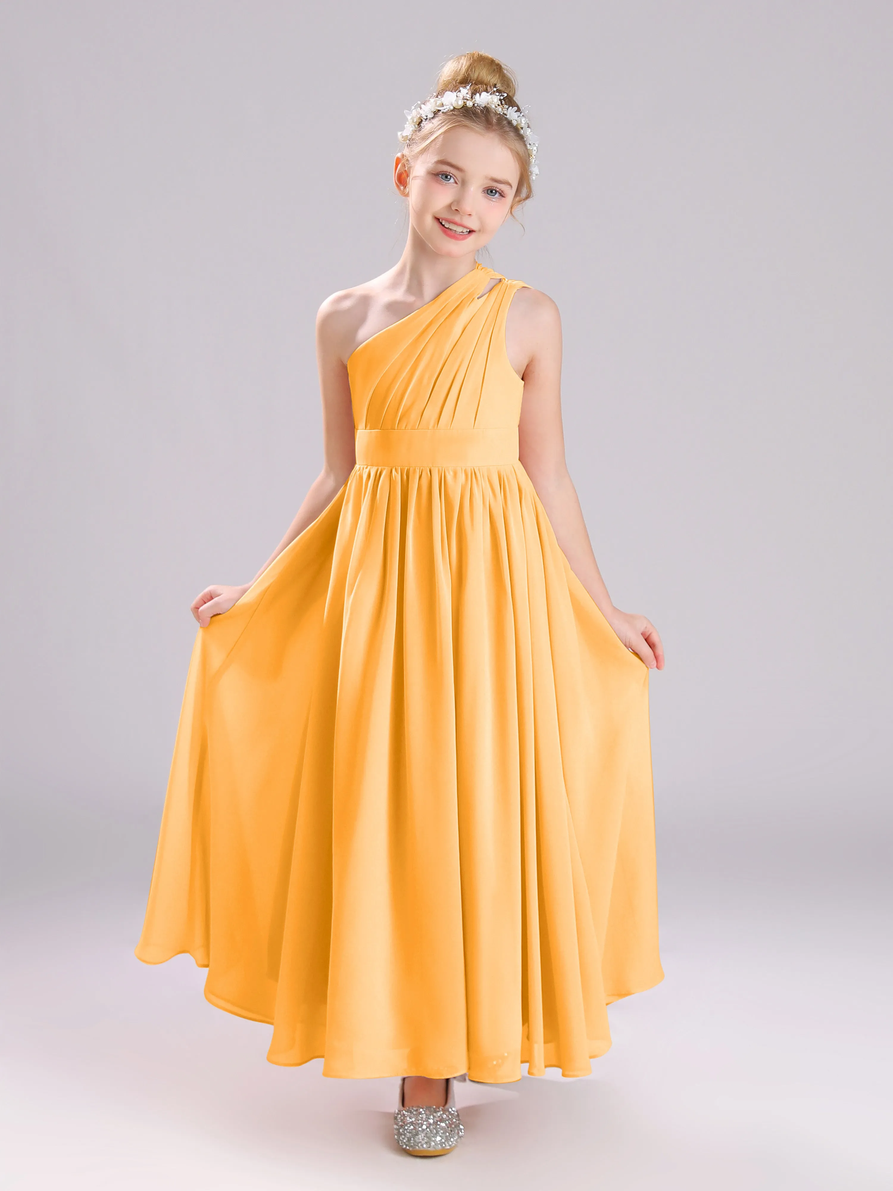 One Shoulder Pleats Long Chiffon Junior Bridesmaid Dresses