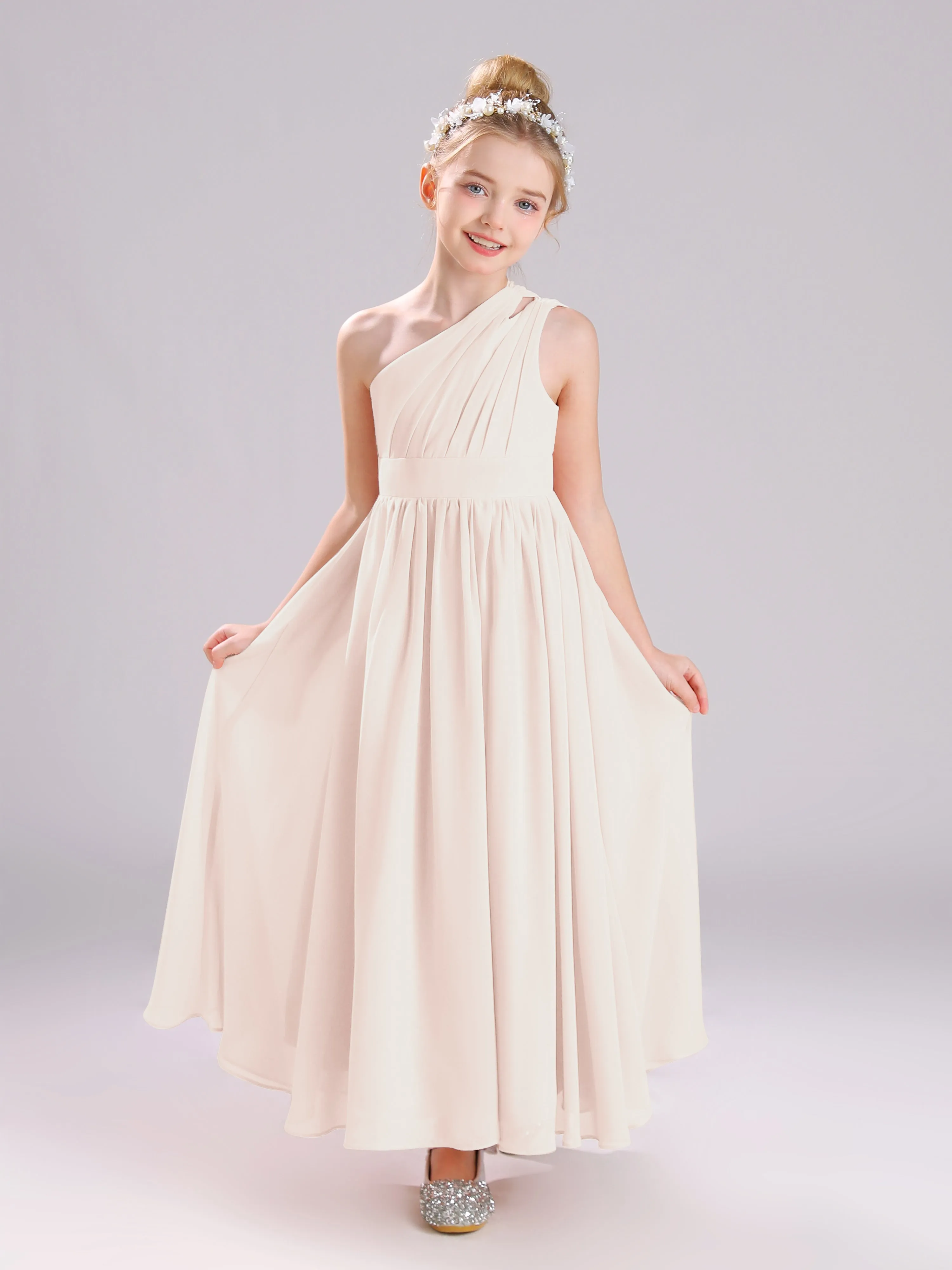 One Shoulder Pleats Long Chiffon Junior Bridesmaid Dresses