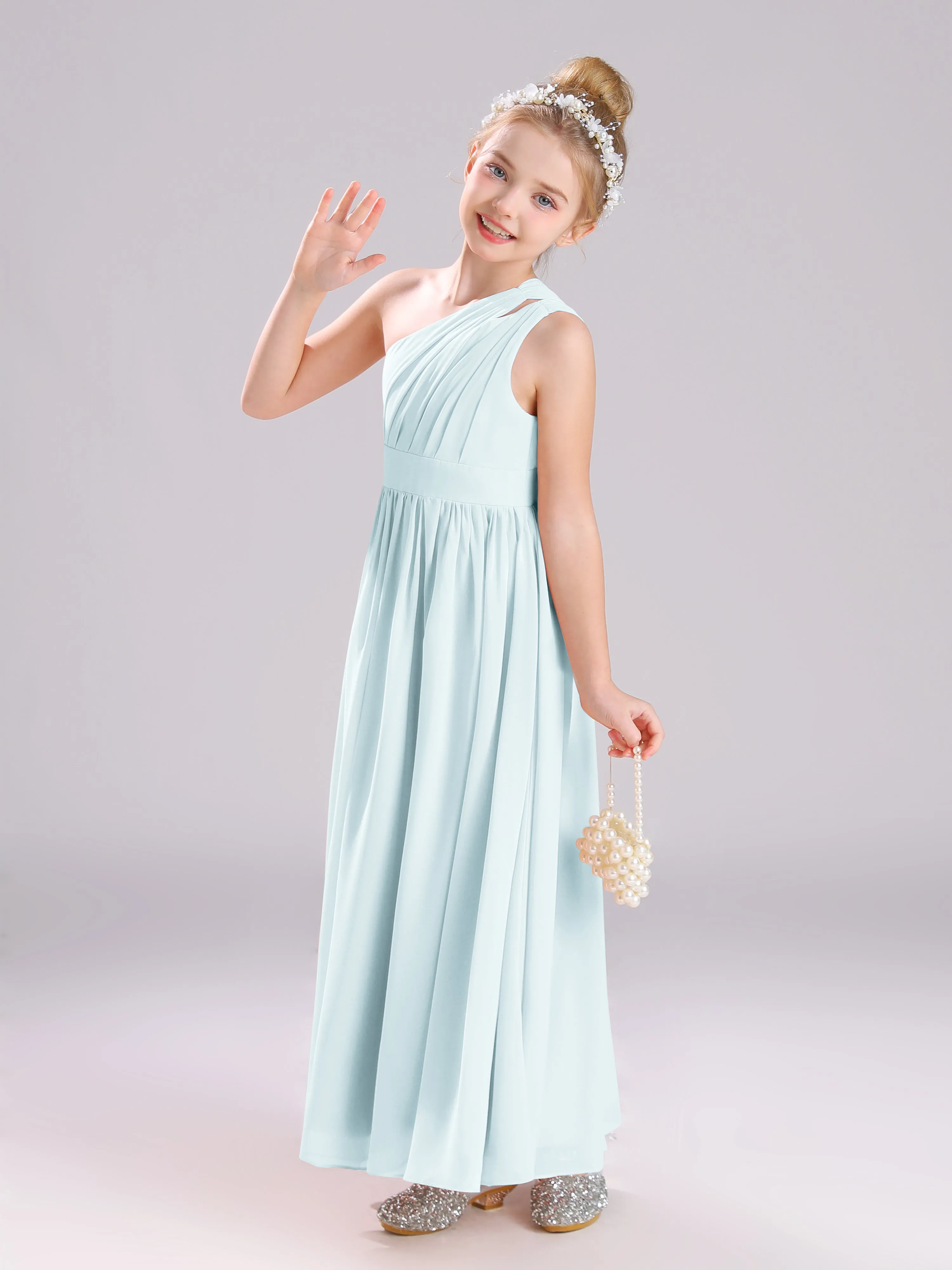 One Shoulder Pleats Long Chiffon Junior Bridesmaid Dresses