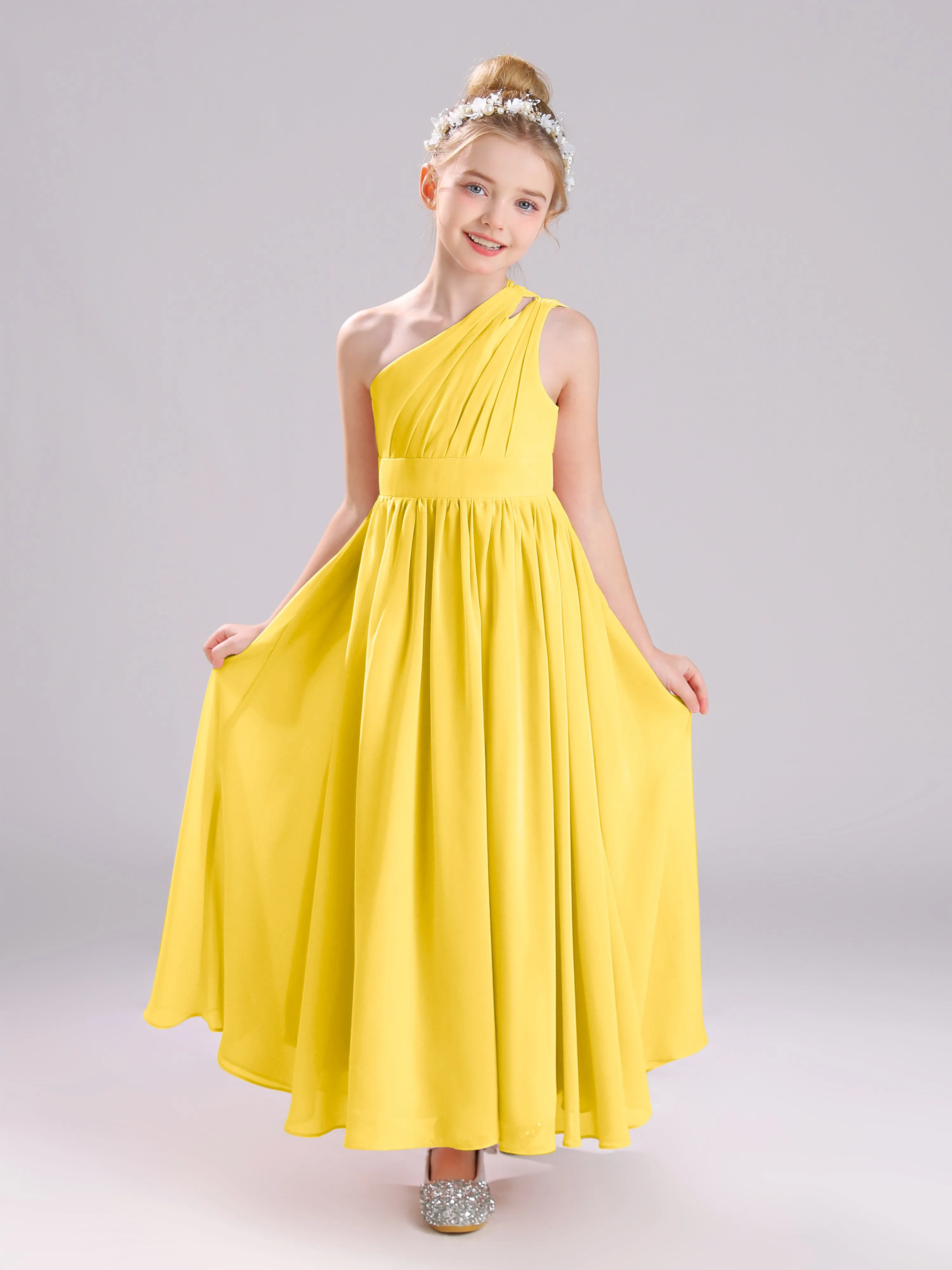 One Shoulder Pleats Long Chiffon Junior Bridesmaid Dresses