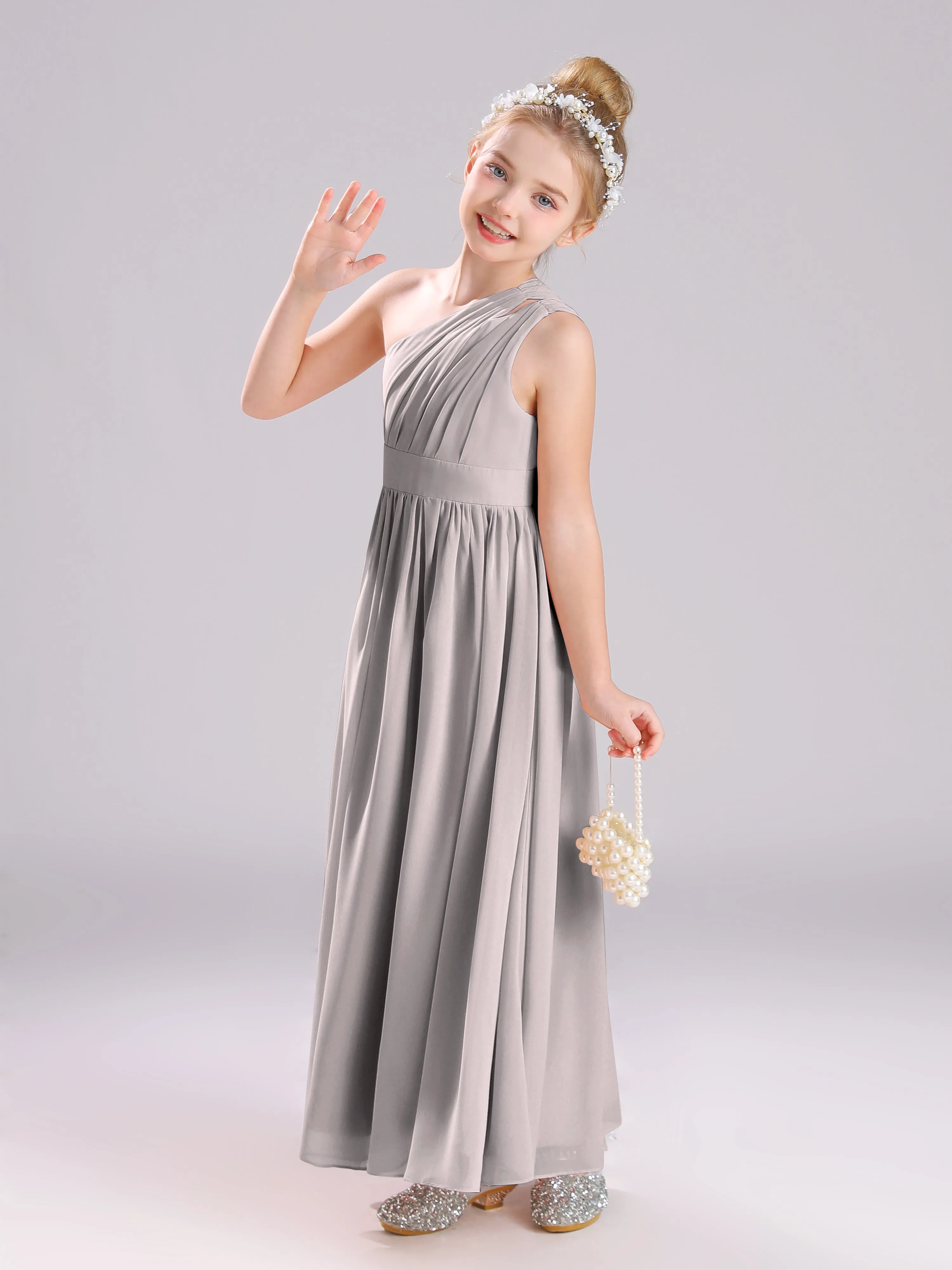 One Shoulder Pleats Long Chiffon Junior Bridesmaid Dresses