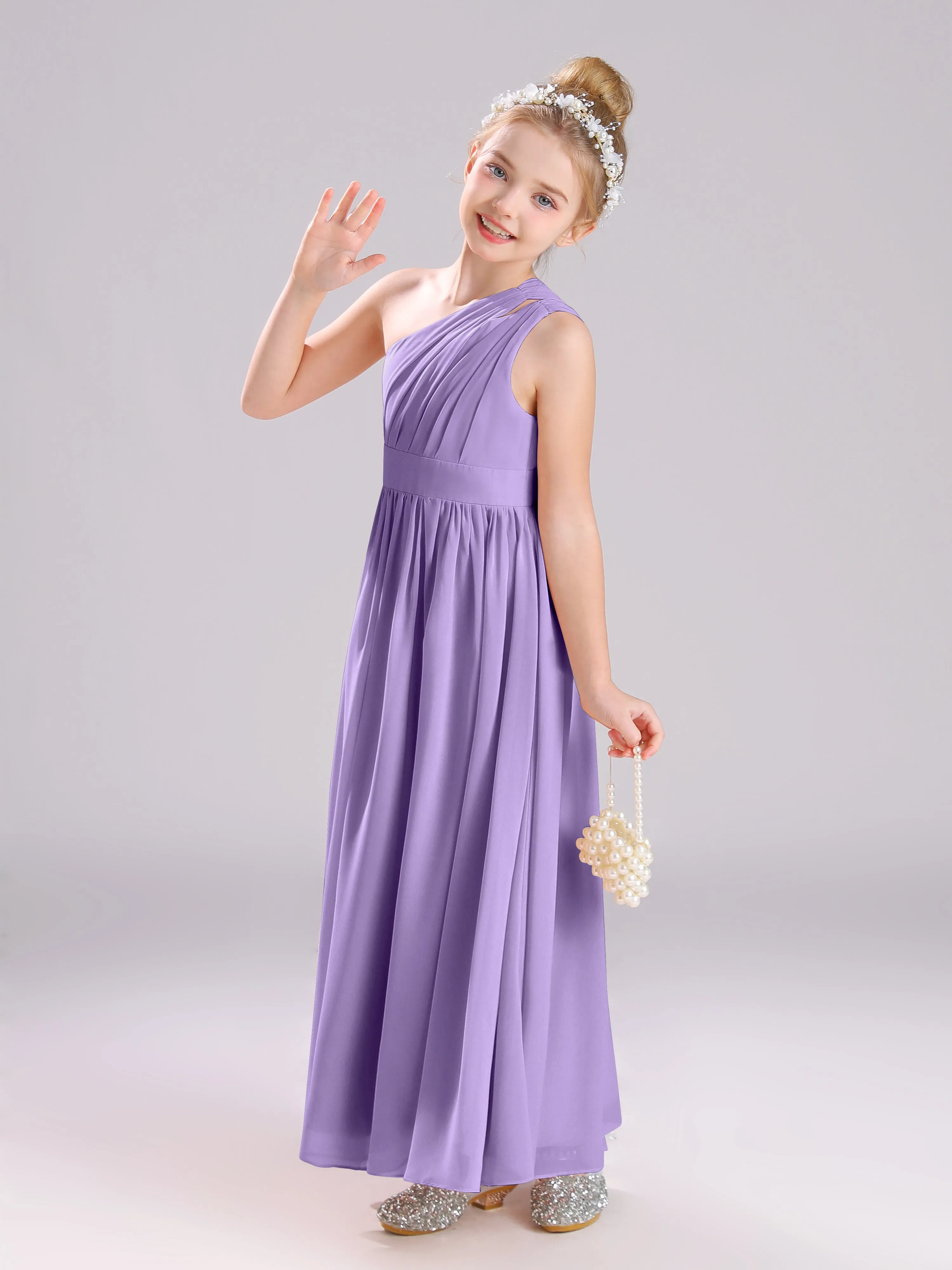 One Shoulder Pleats Long Chiffon Junior Bridesmaid Dresses