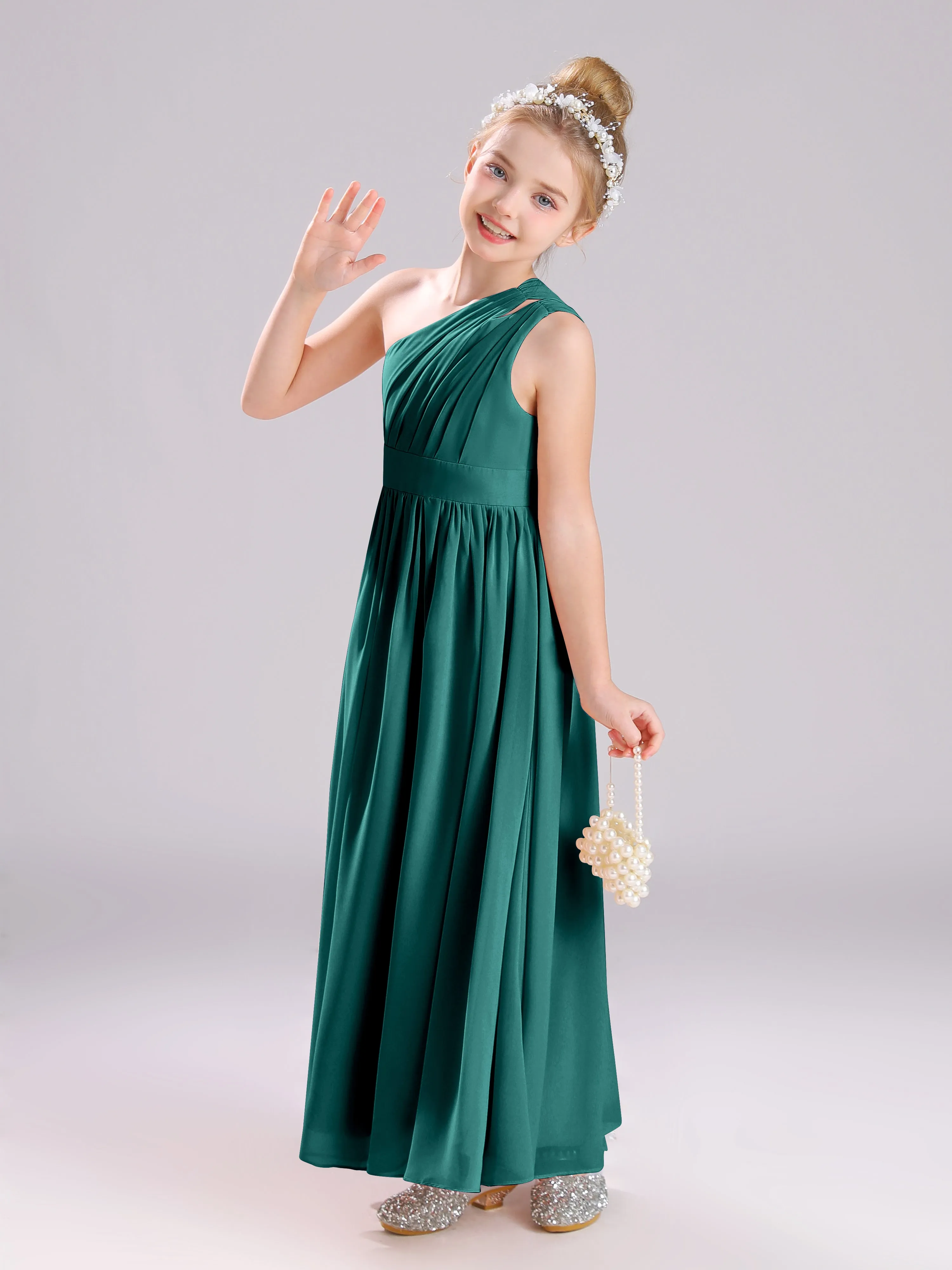 One Shoulder Pleats Long Chiffon Junior Bridesmaid Dresses