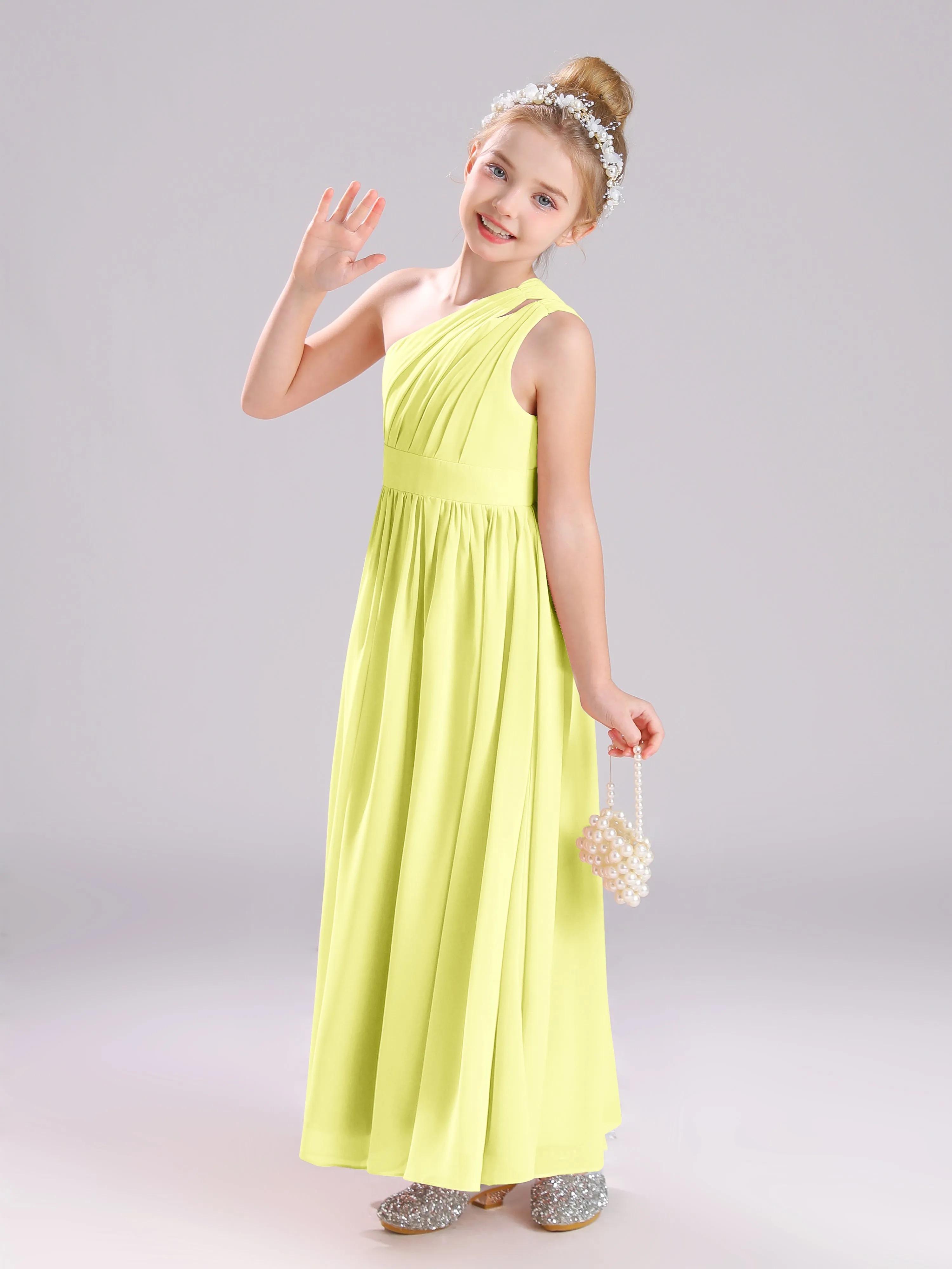 One Shoulder Pleats Long Chiffon Junior Bridesmaid Dresses