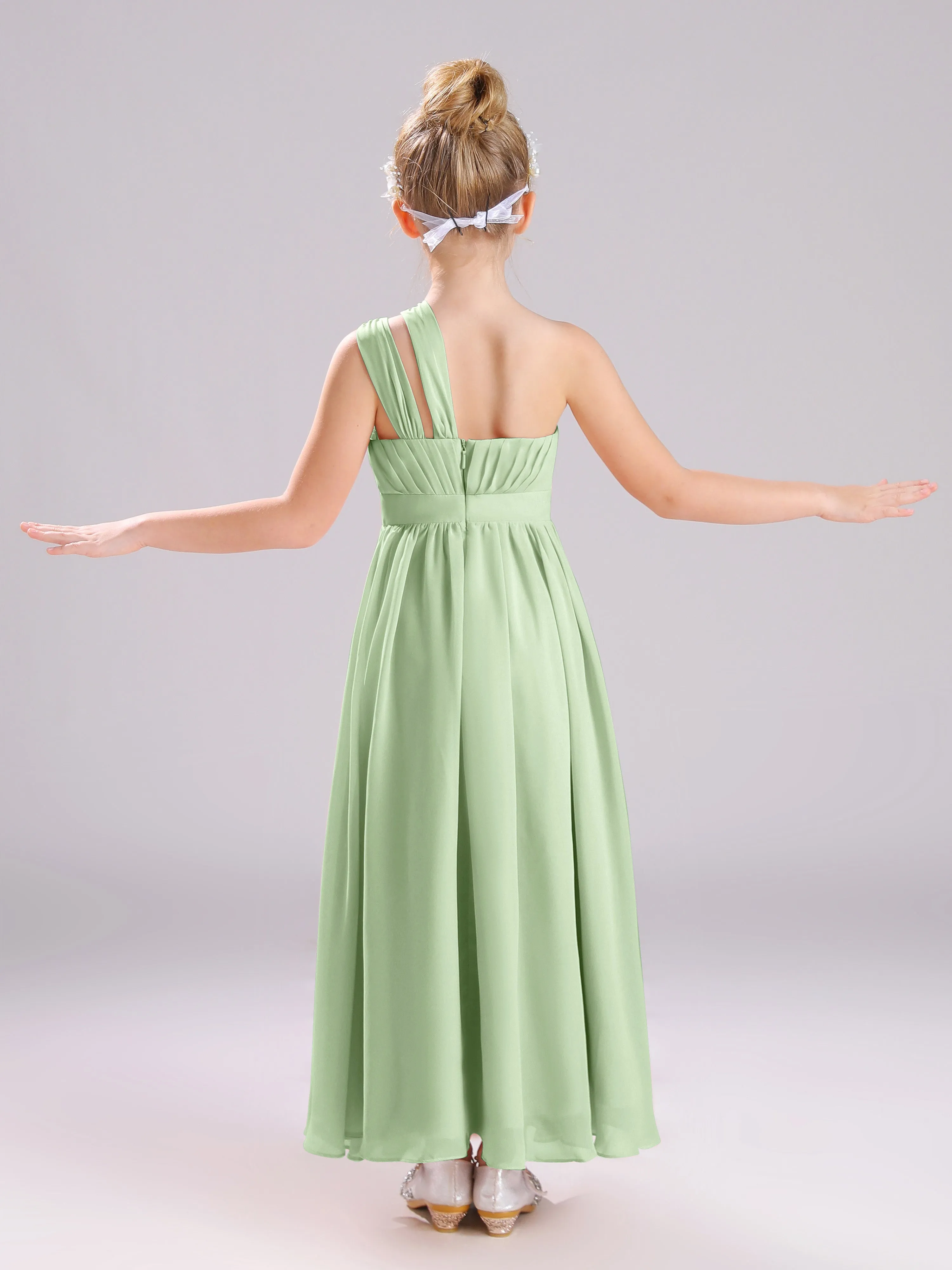 One Shoulder Pleats Long Chiffon Junior Bridesmaid Dresses