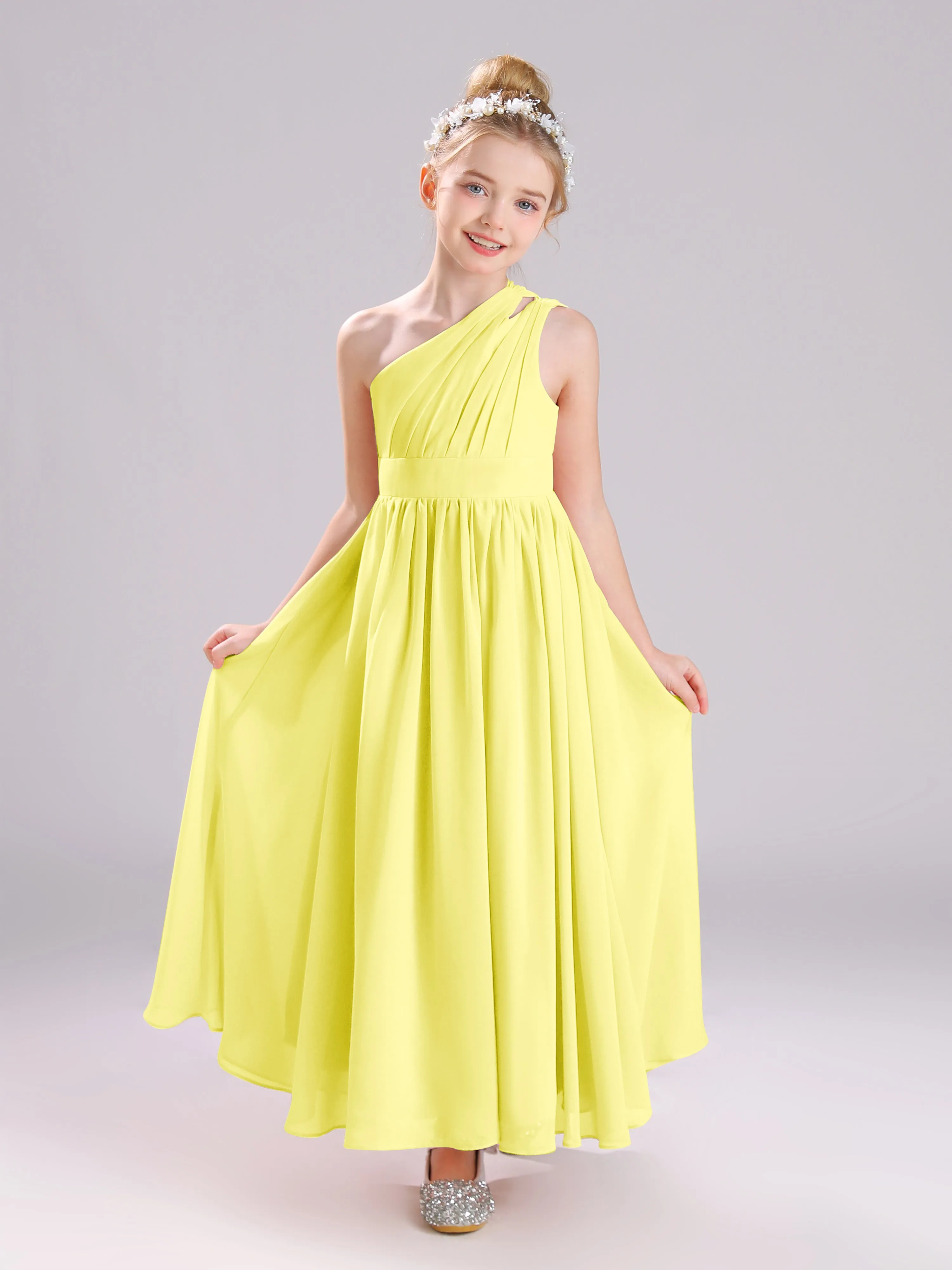 One Shoulder Pleats Long Chiffon Junior Bridesmaid Dresses