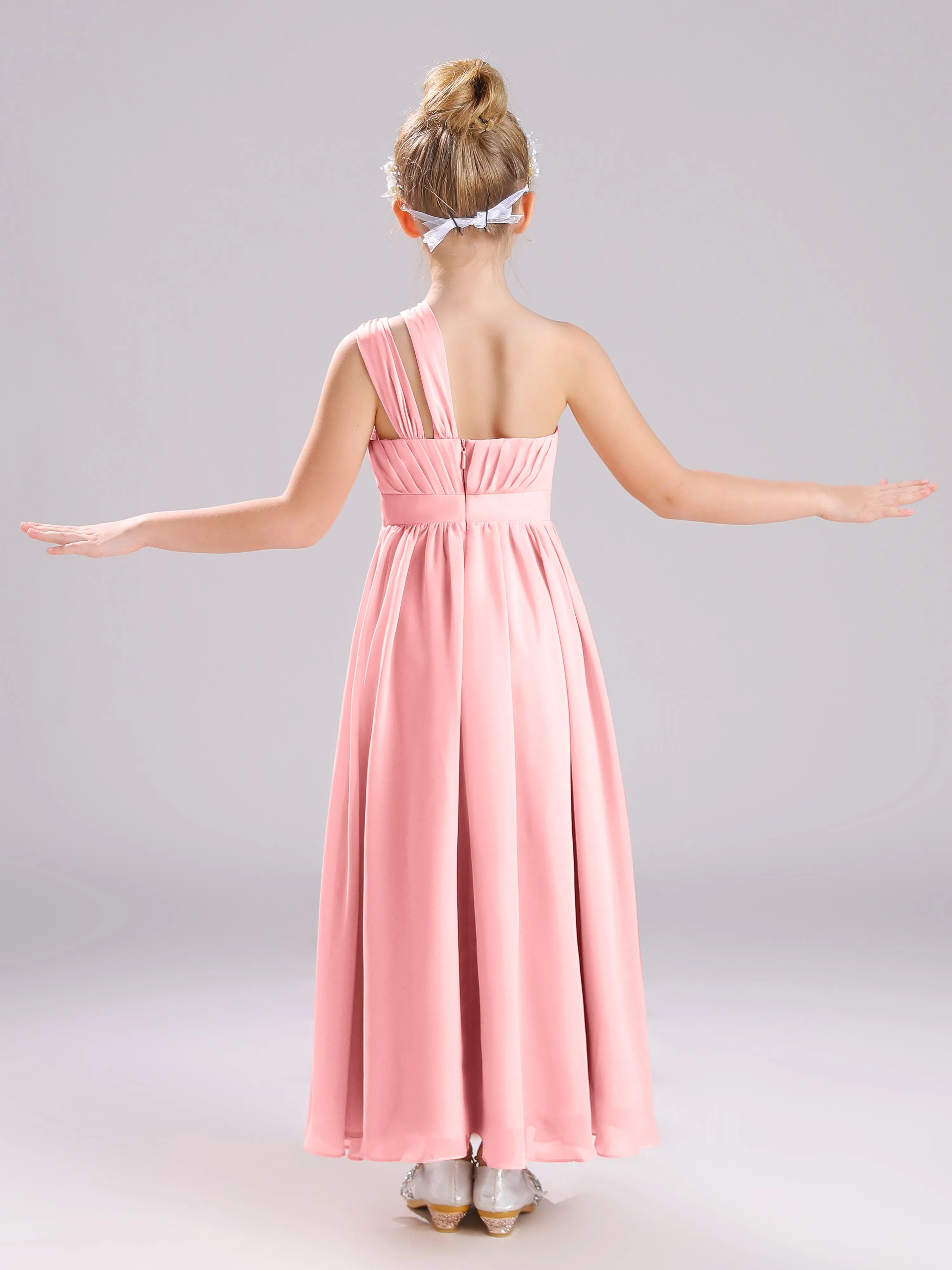 One Shoulder Pleats Long Chiffon Junior Bridesmaid Dresses