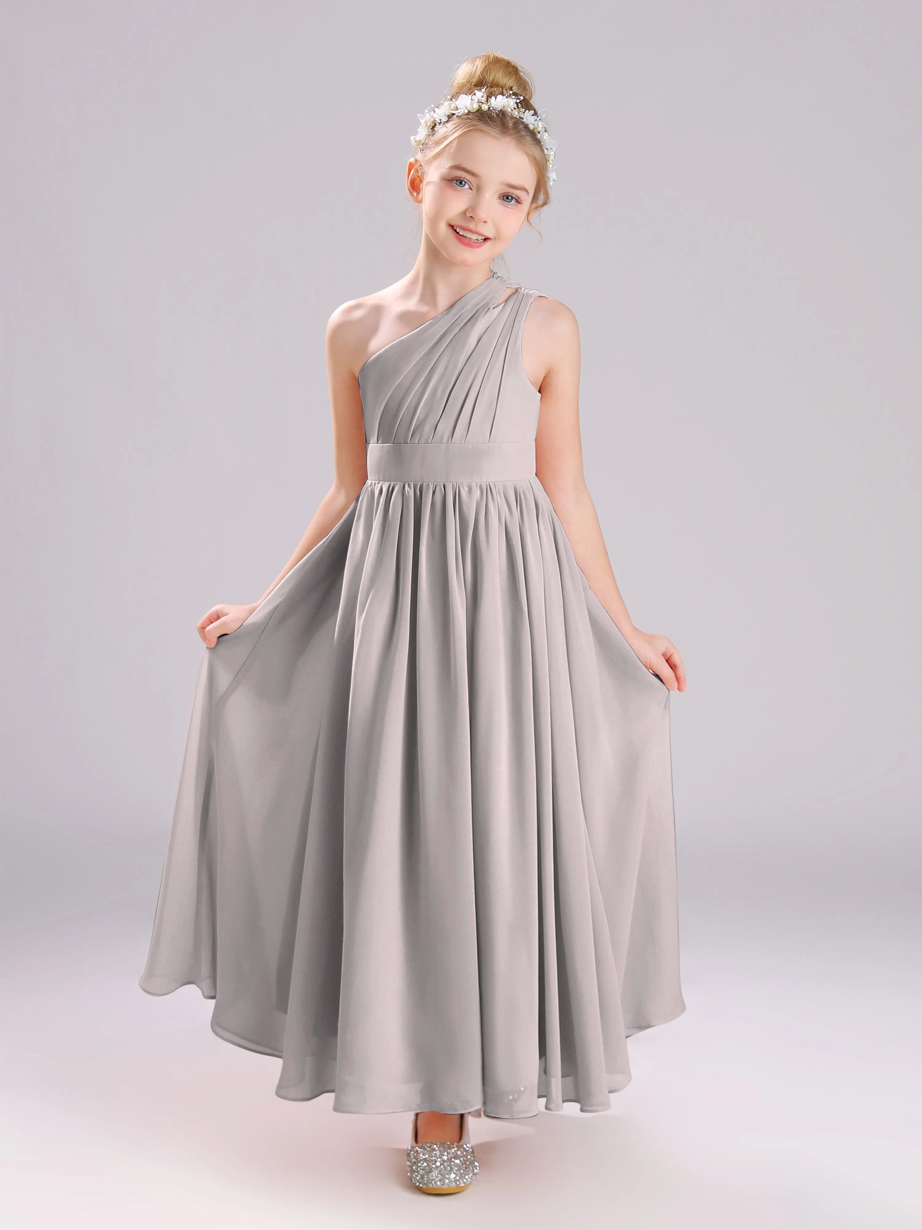 One Shoulder Pleats Long Chiffon Junior Bridesmaid Dresses