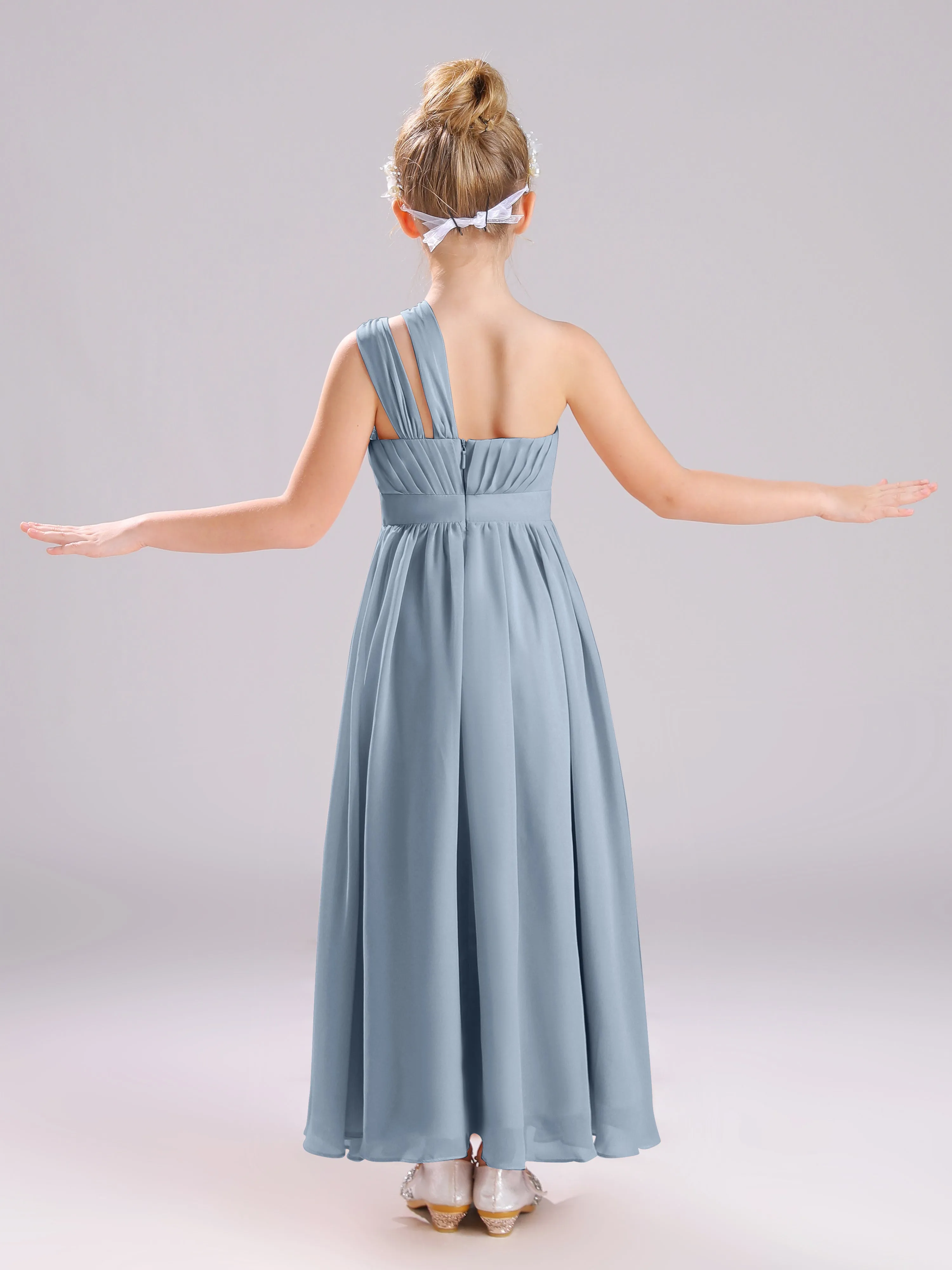 One Shoulder Pleats Long Chiffon Junior Bridesmaid Dresses