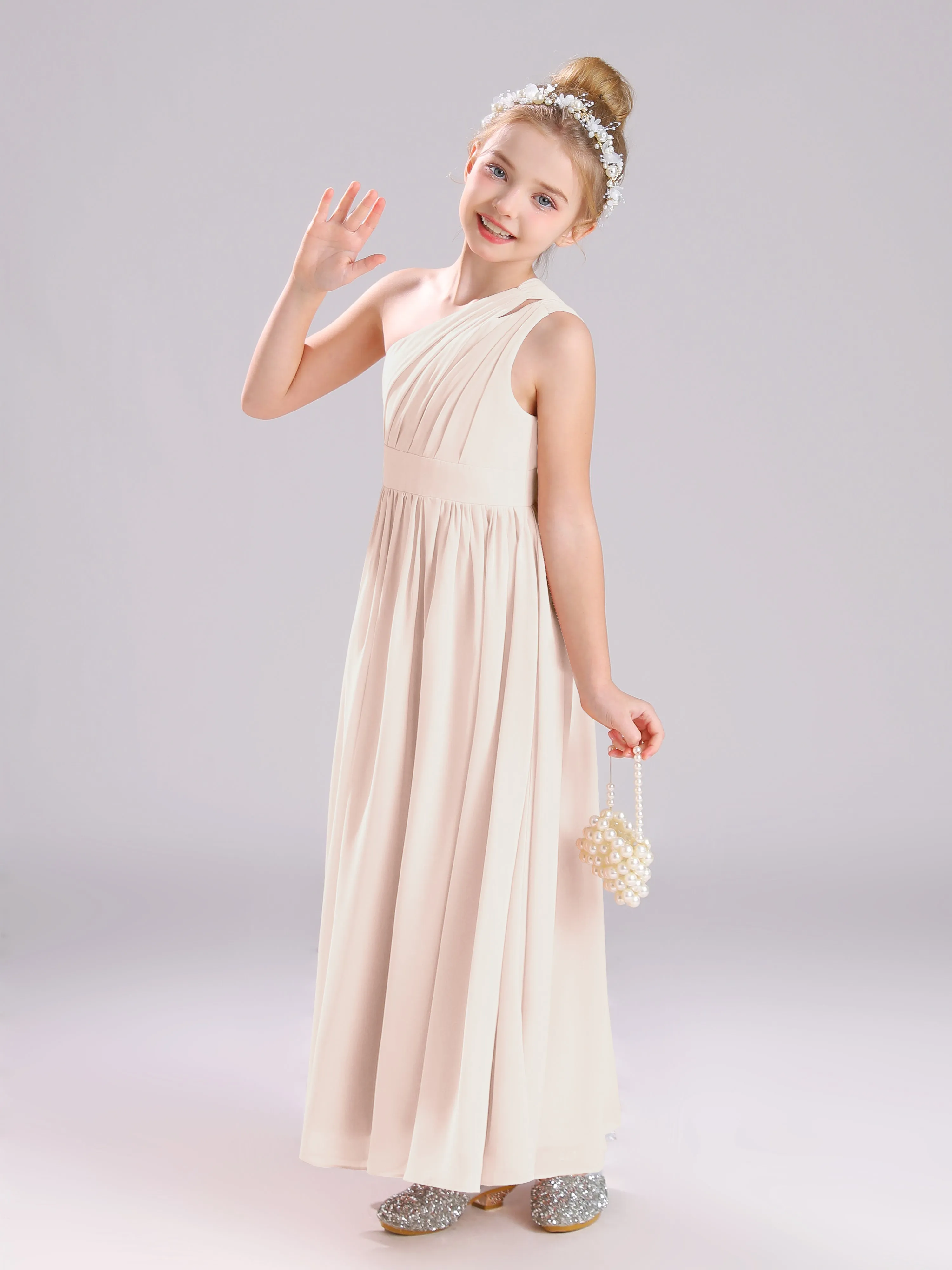 One Shoulder Pleats Long Chiffon Junior Bridesmaid Dresses