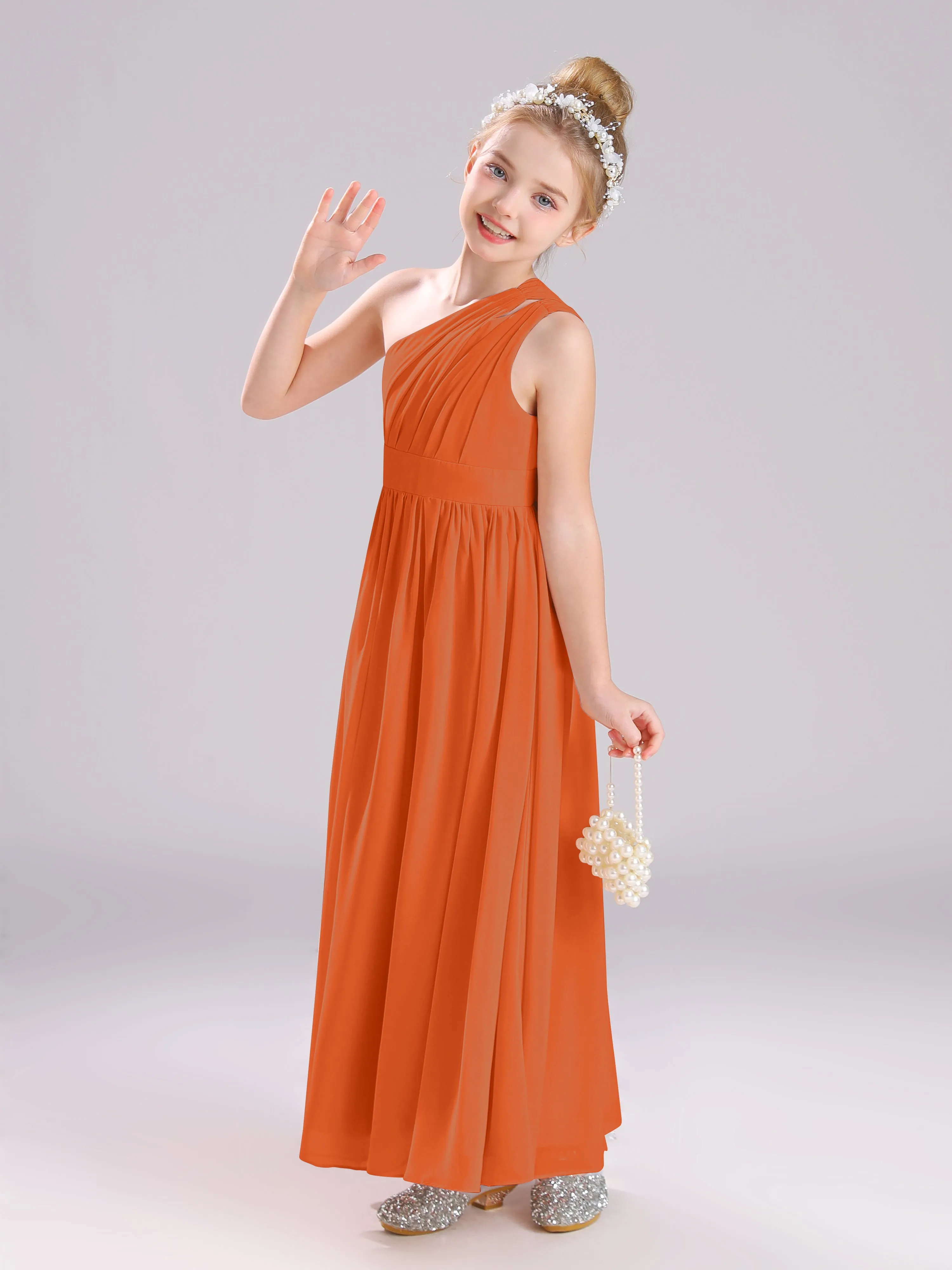 One Shoulder Pleats Long Chiffon Junior Bridesmaid Dresses