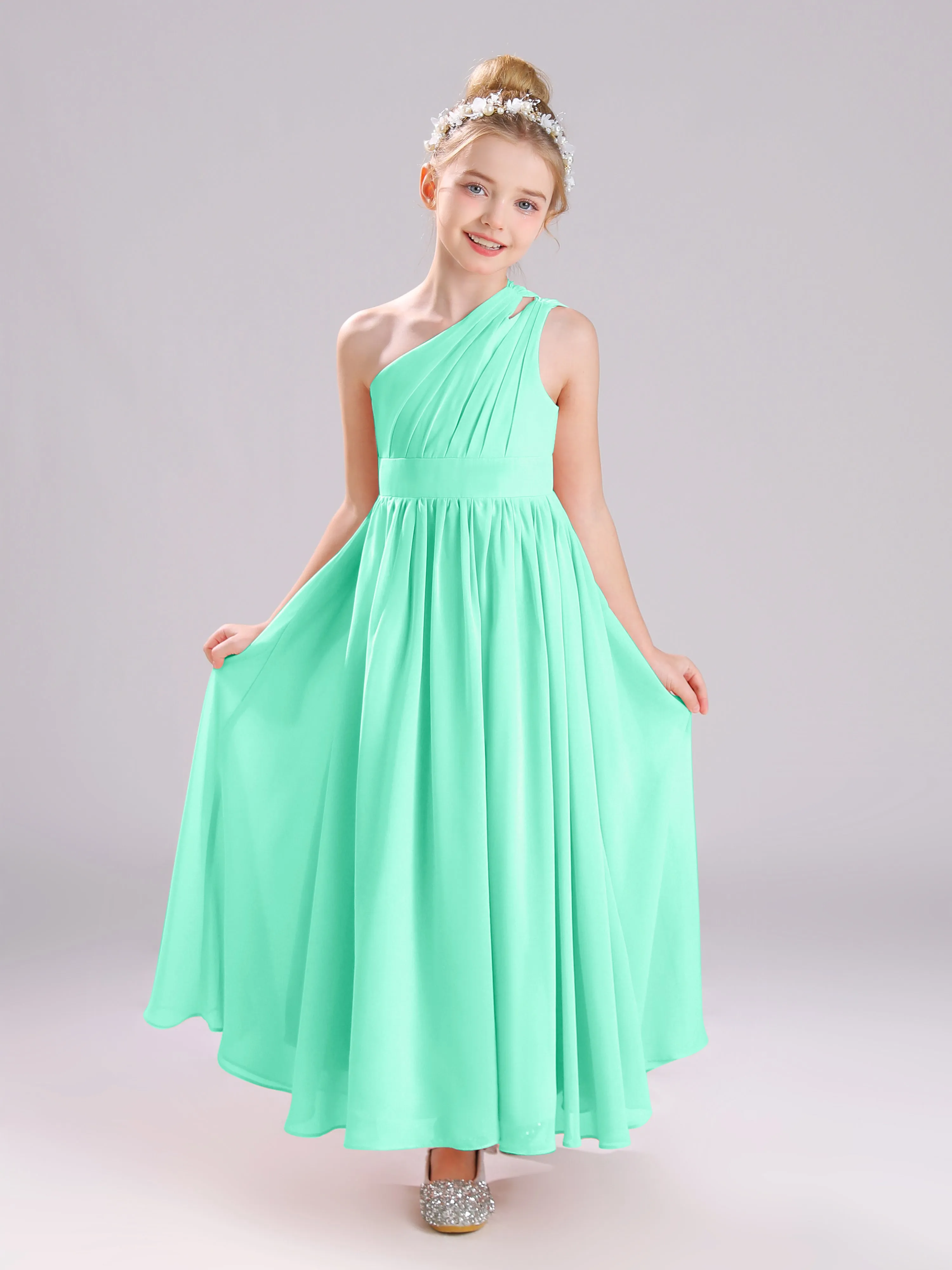 One Shoulder Pleats Long Chiffon Junior Bridesmaid Dresses