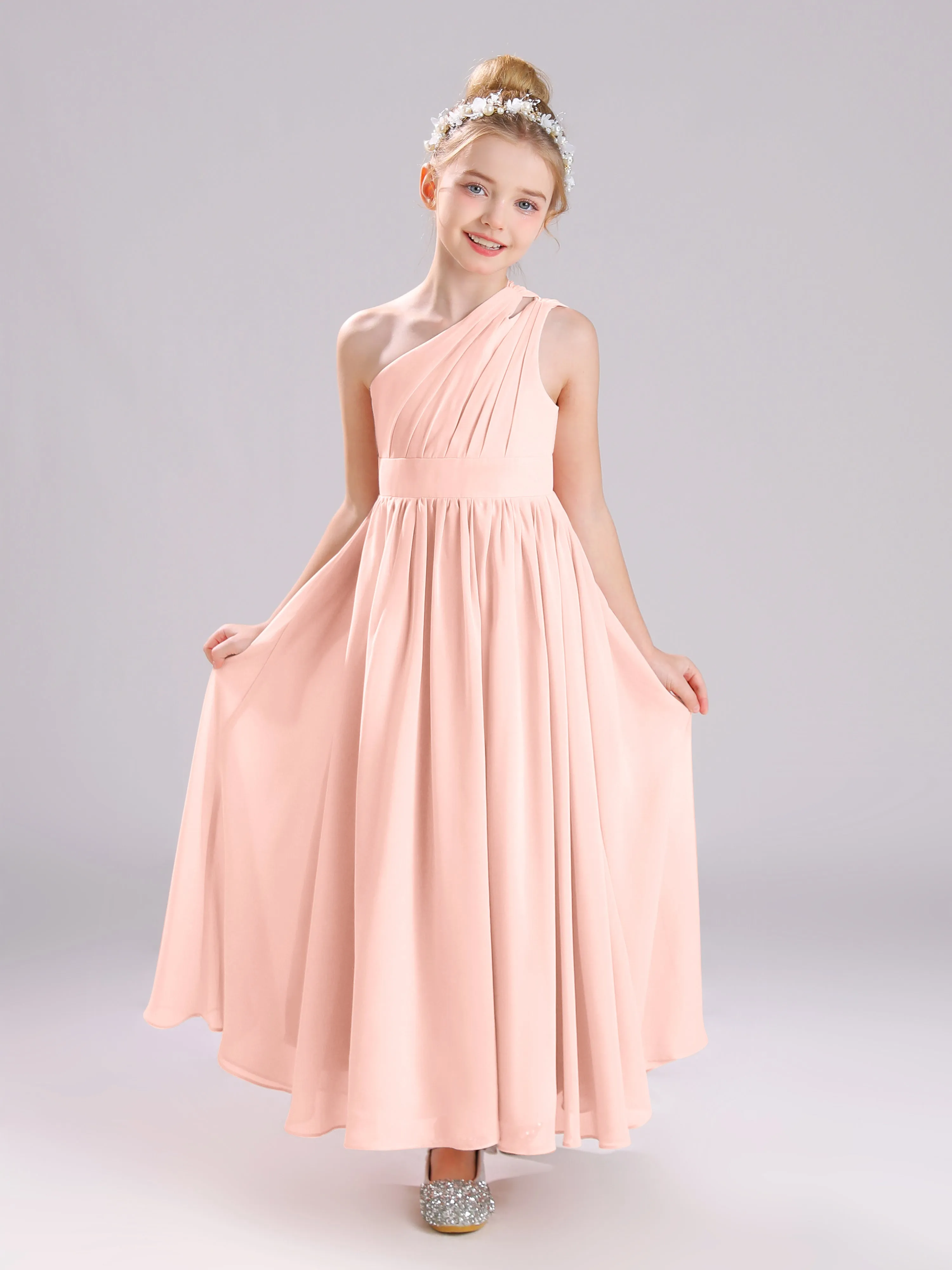 One Shoulder Pleats Long Chiffon Junior Bridesmaid Dresses