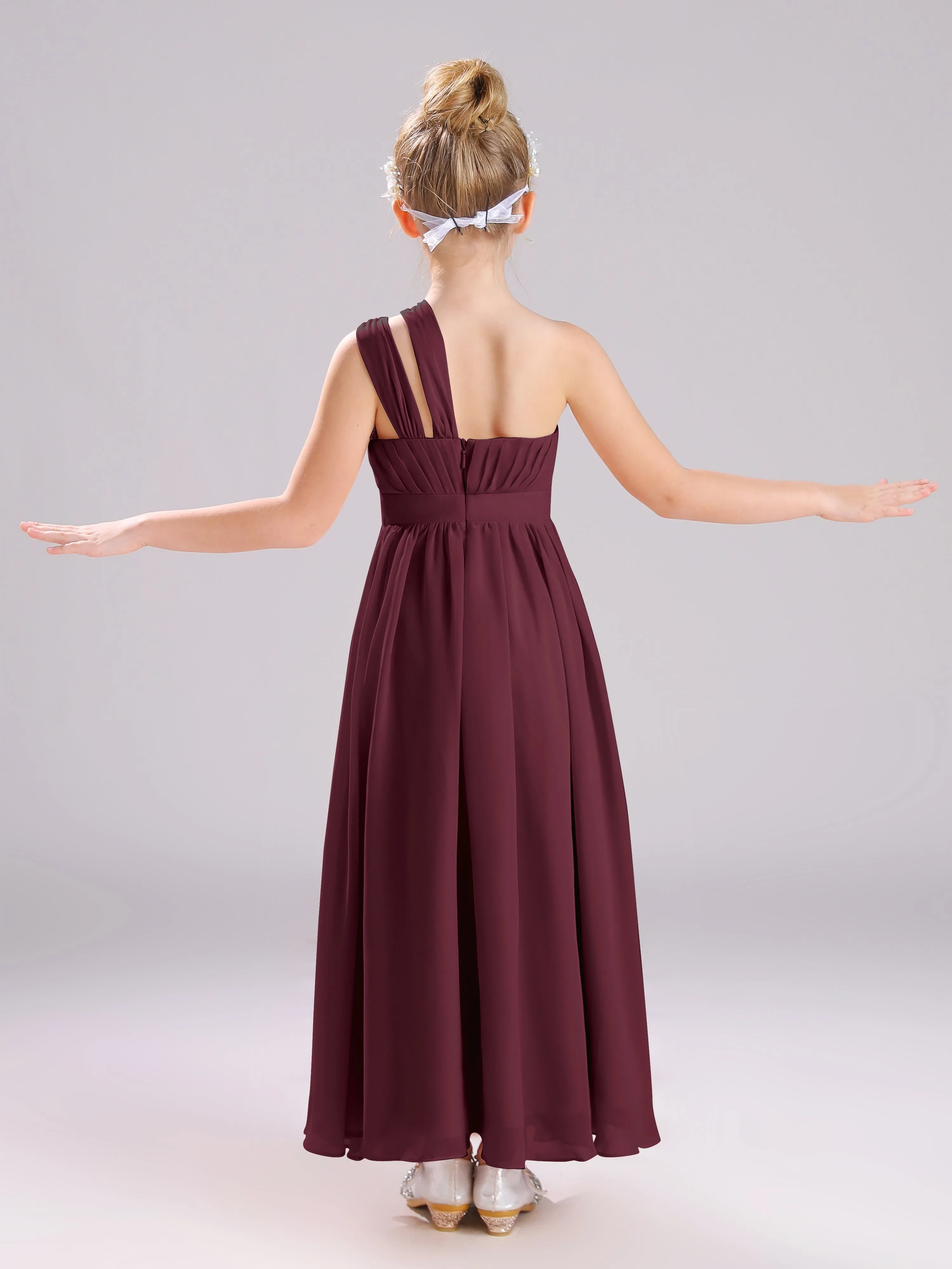 One Shoulder Pleats Long Chiffon Junior Bridesmaid Dresses