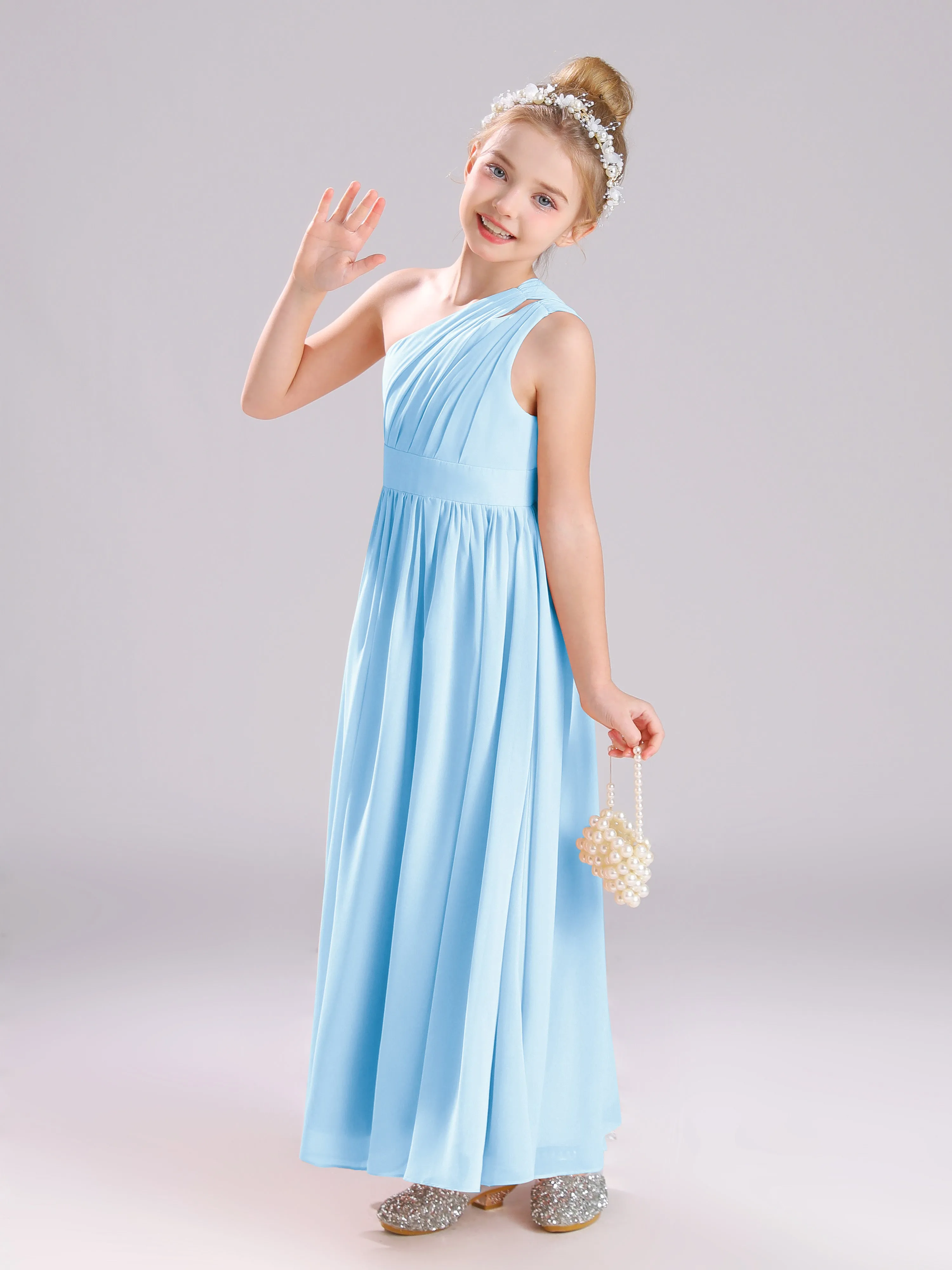 One Shoulder Pleats Long Chiffon Junior Bridesmaid Dresses