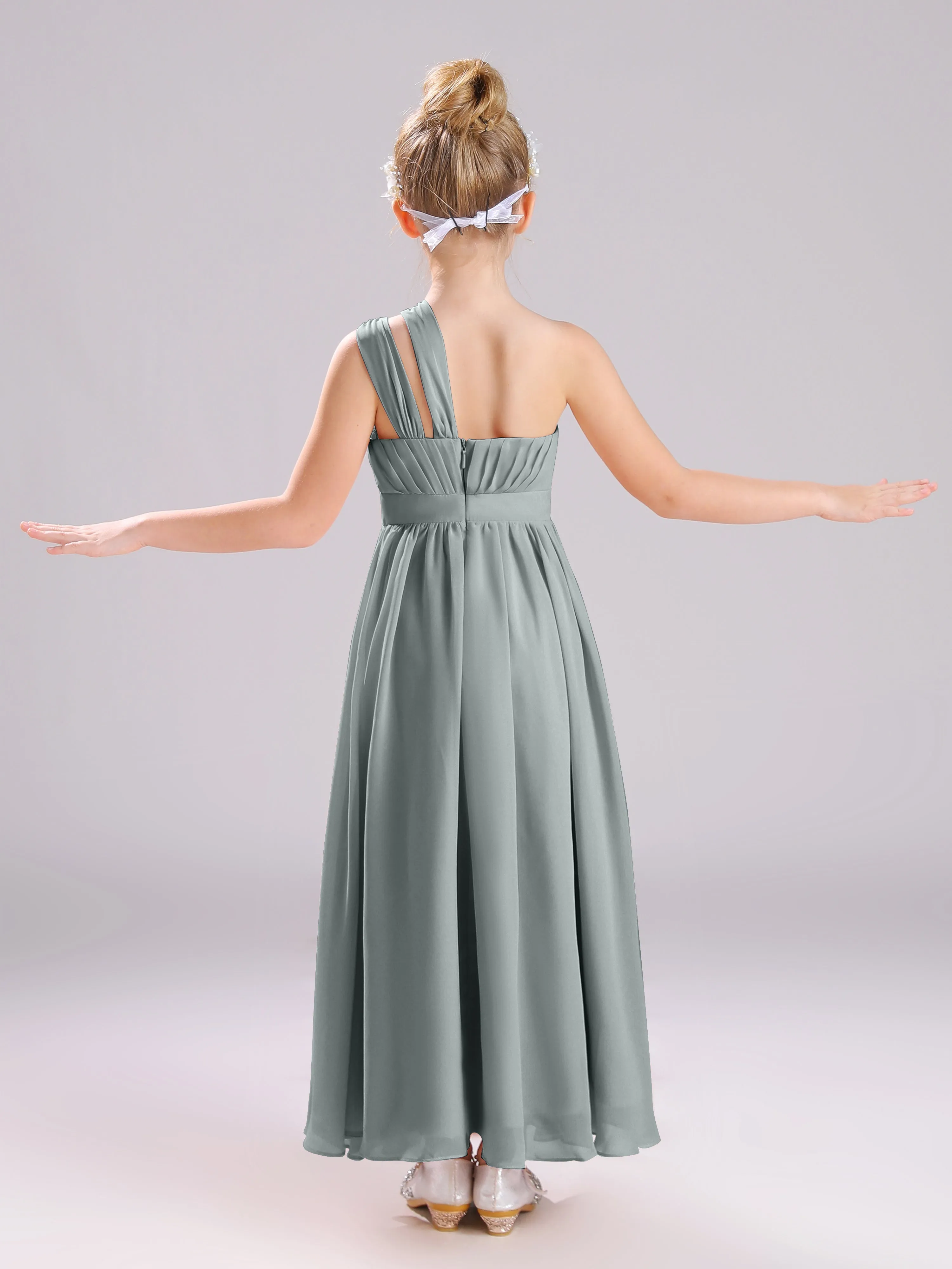 One Shoulder Pleats Long Chiffon Junior Bridesmaid Dresses