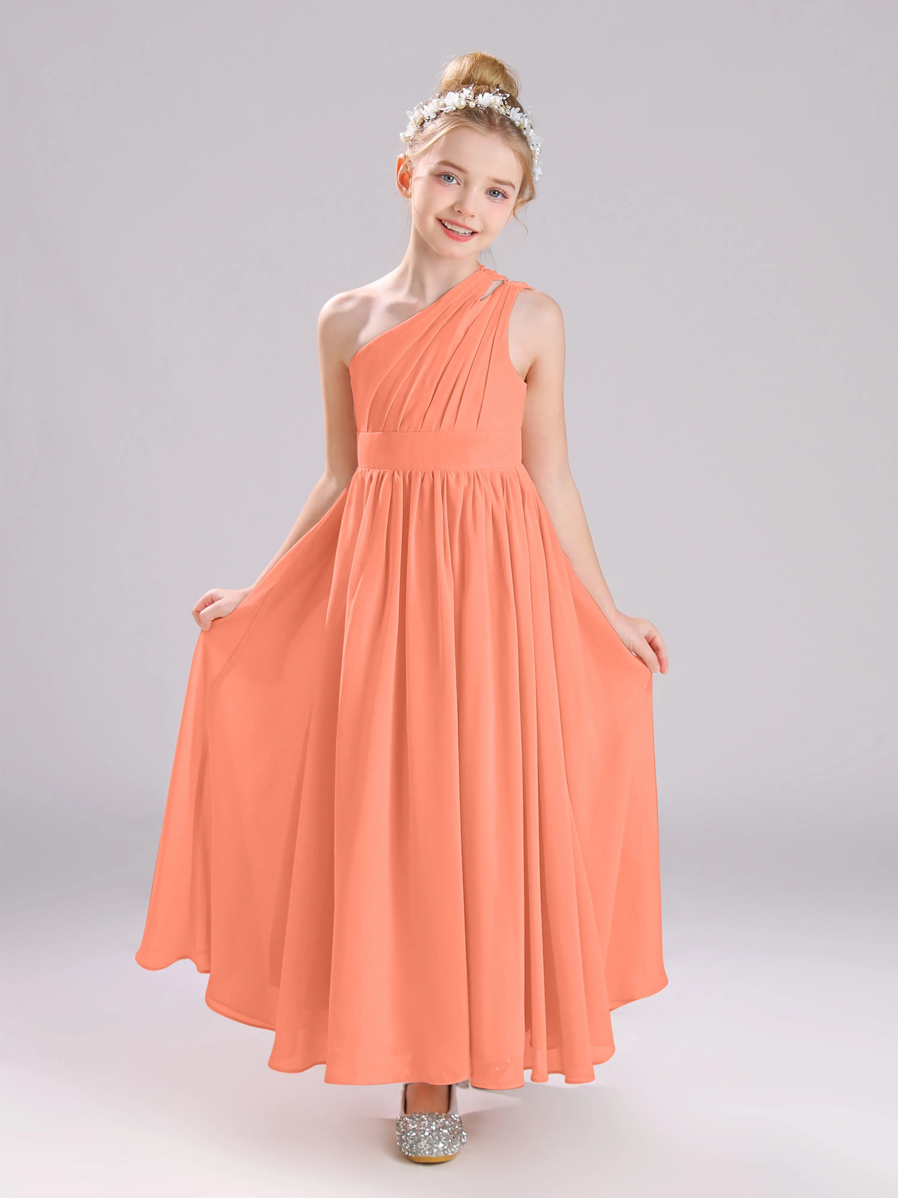 One Shoulder Pleats Long Chiffon Junior Bridesmaid Dresses